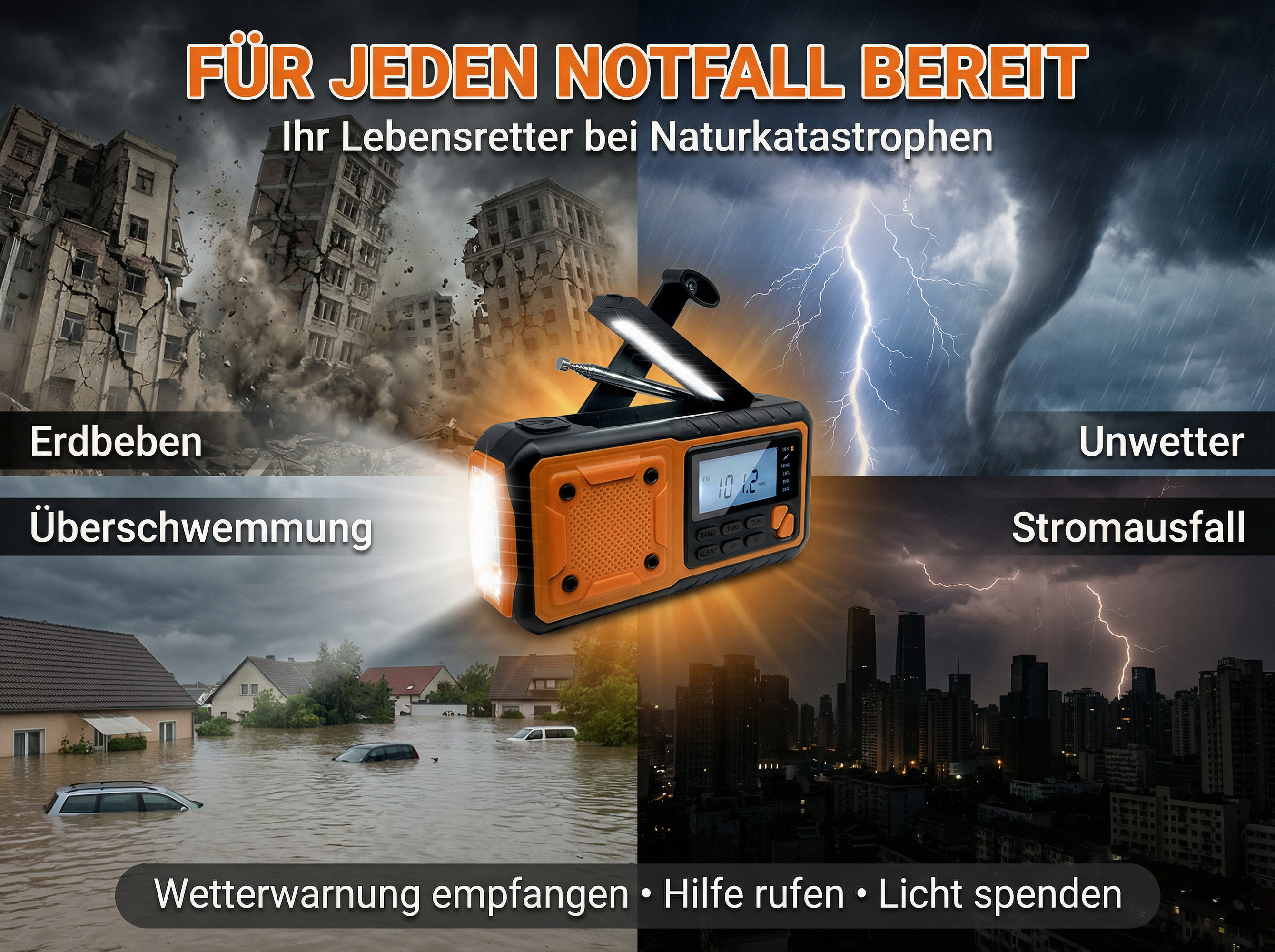 Ein orangefarbenes Notfallradio mit Licht und Antenne, umgeben von Katastrophenbildern.