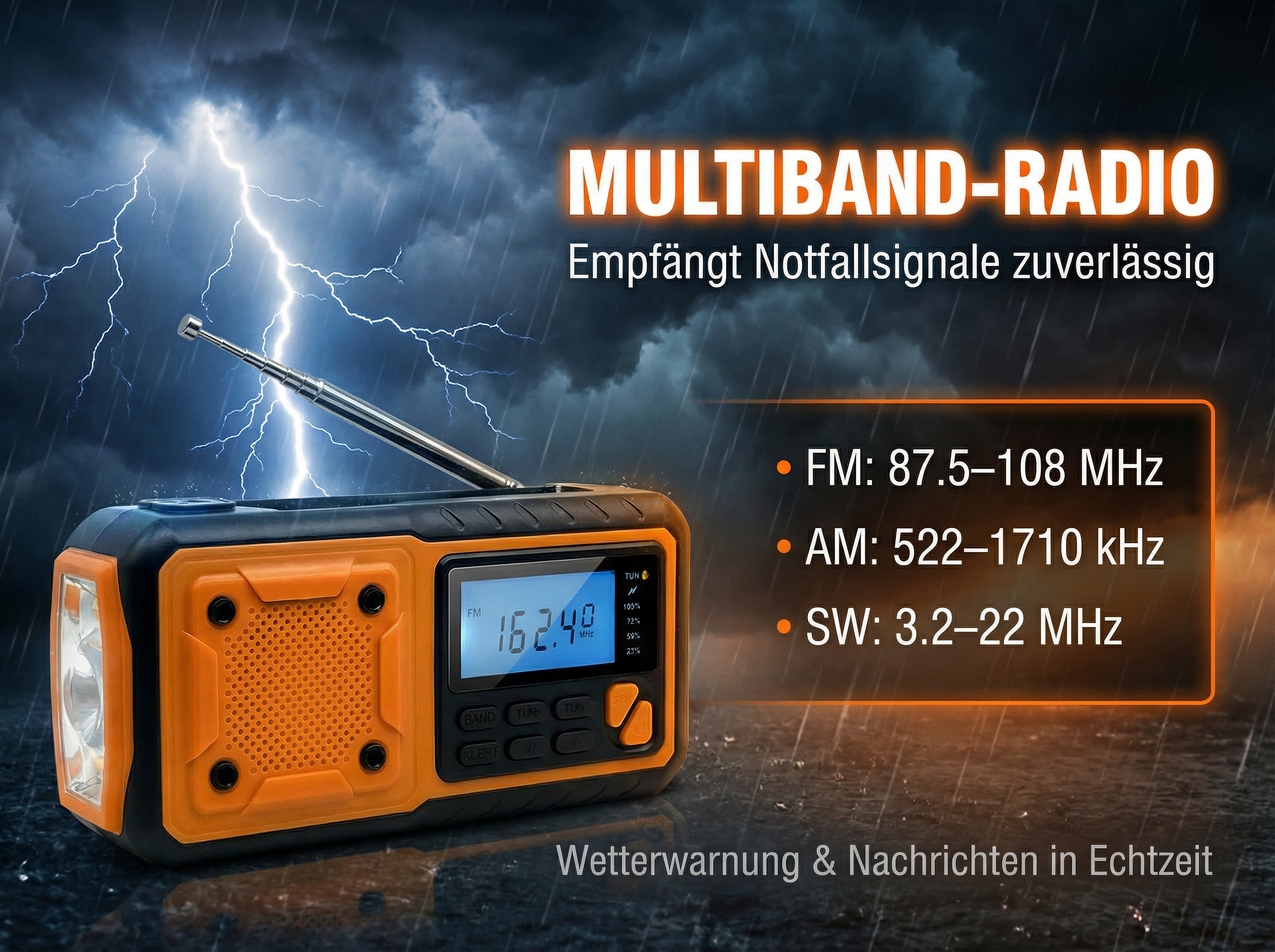 Ein oranges Multiband-Radio mit Antenne im Sturm vor Blitzen.