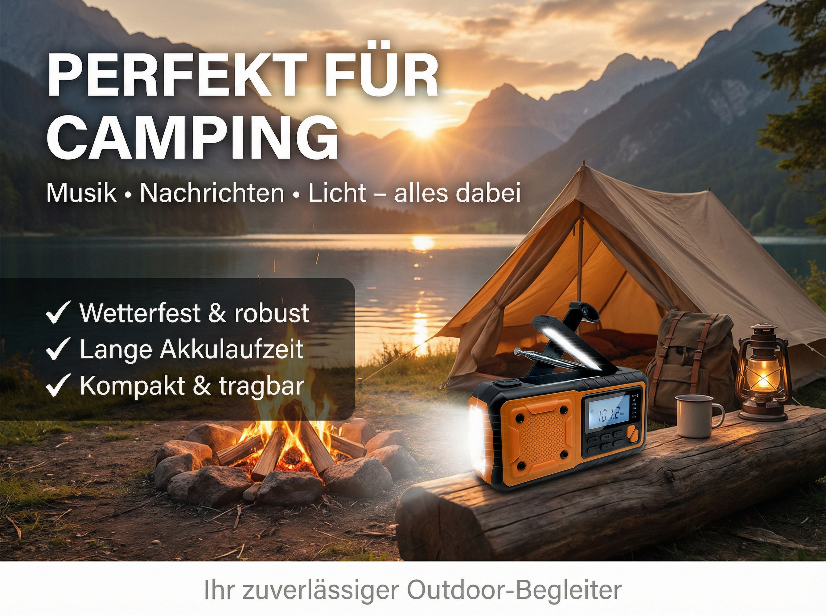 Campingausrüstung am Seeufer bei Sonnenuntergang mit Radio und Laterne.