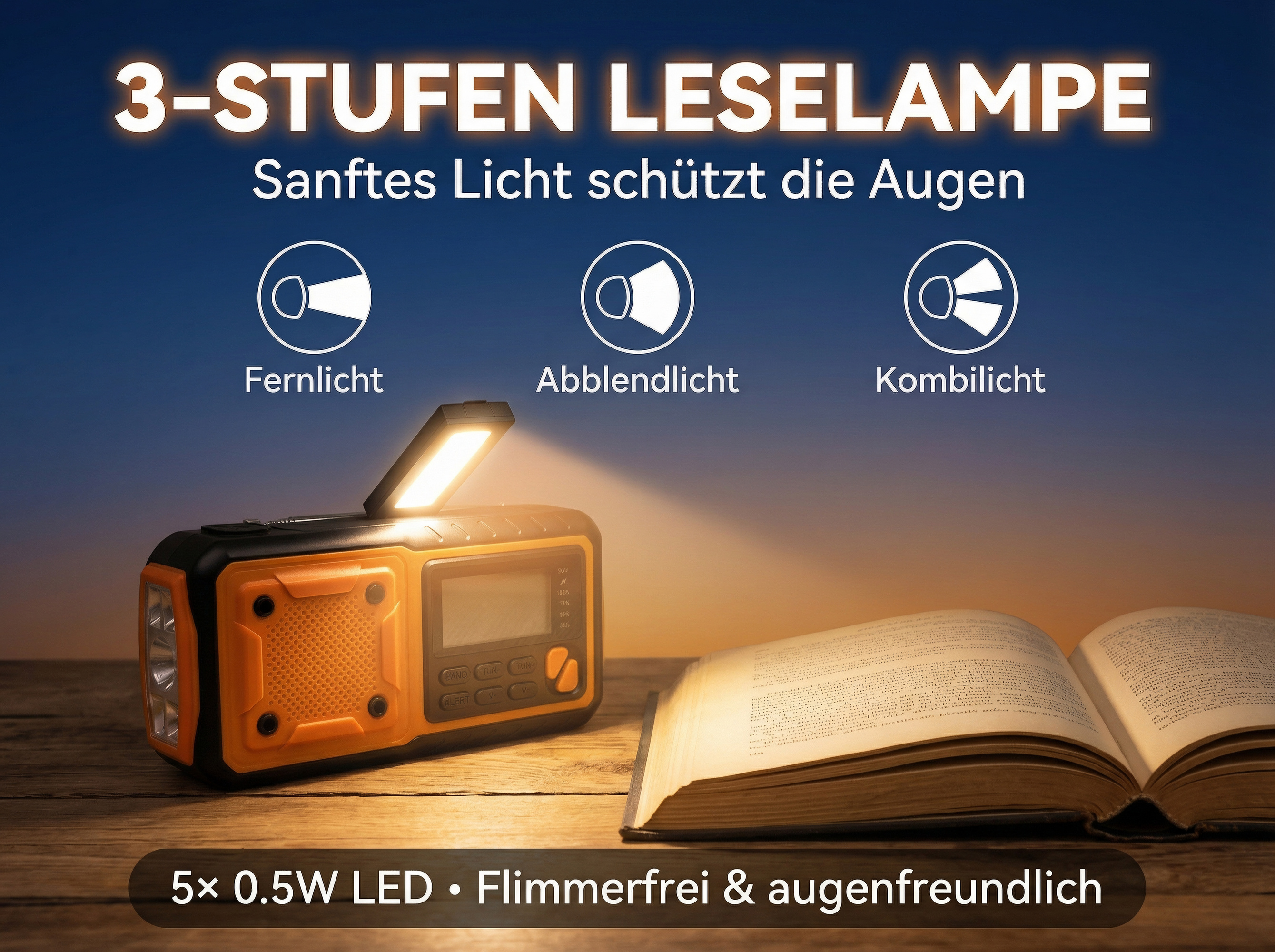 Eine orangefarbene Leselampe mit drei Lichtmodi beleuchtet ein offenes Buch.