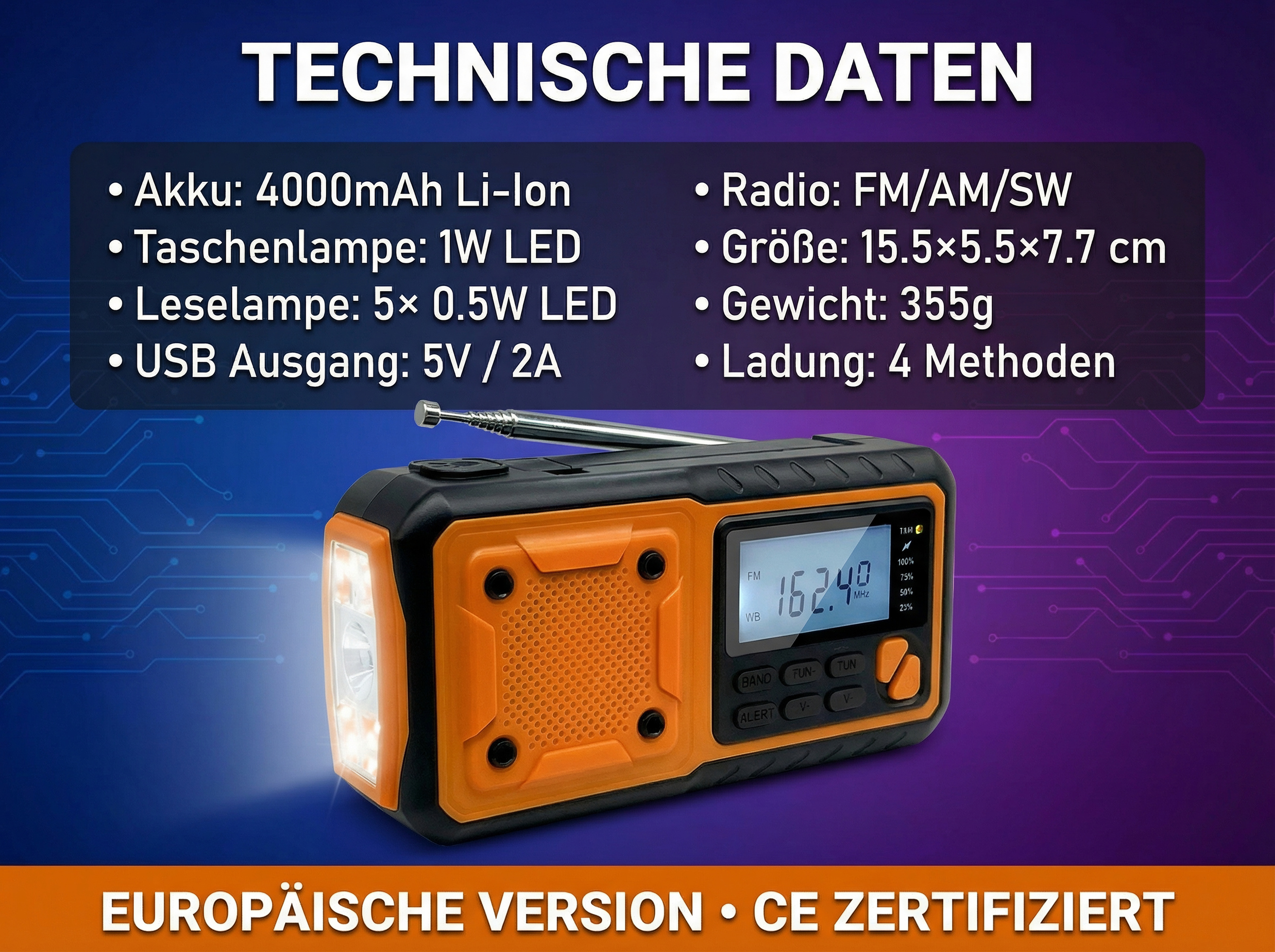 Orange Notfallradio mit Taschenlampe, Leseleuchte und Display.