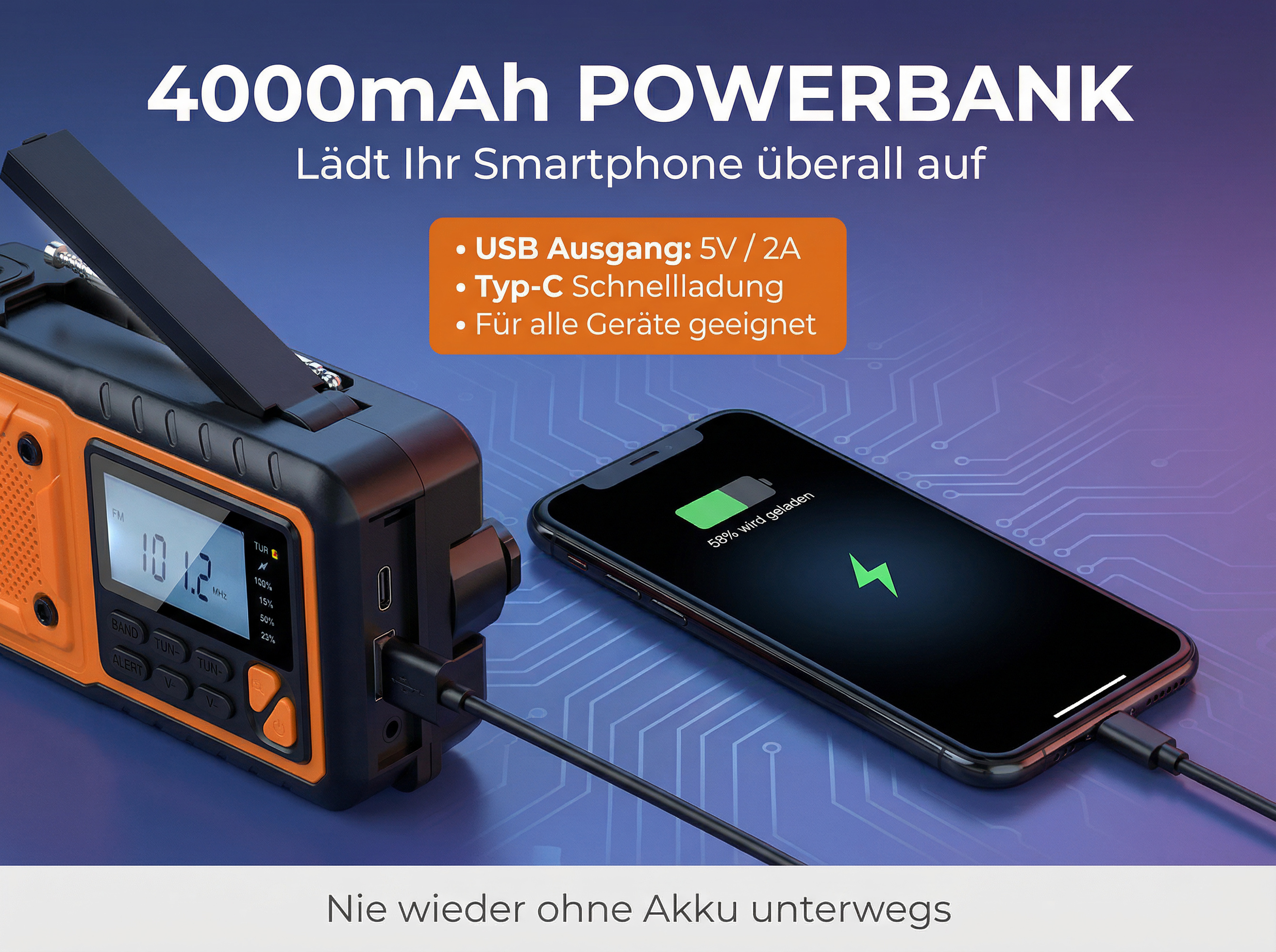 Orange Powerbank lädt Smartphone. 4000mAh Kapazität, USB & Typ-C.