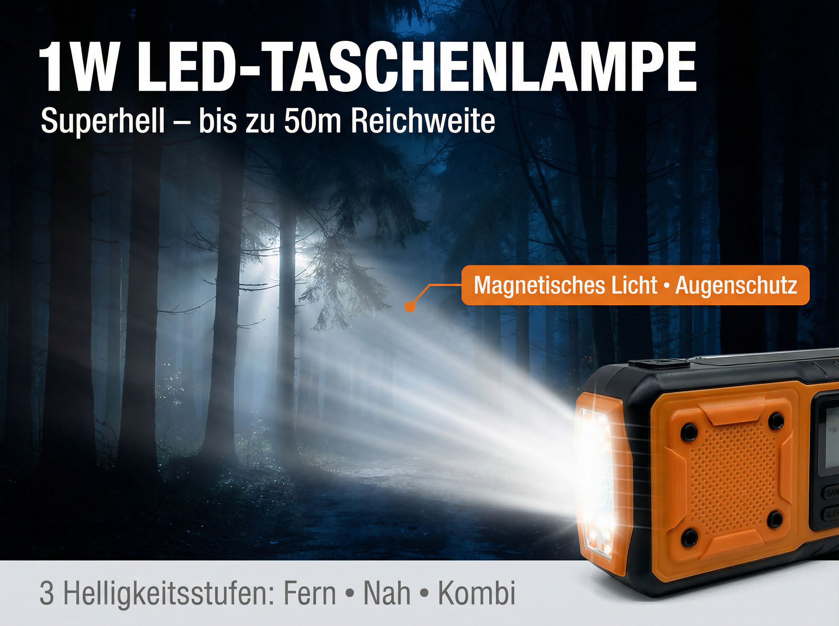 Eine orangefarbene LED-Taschenlampe leuchtet in einem nebligen Wald.