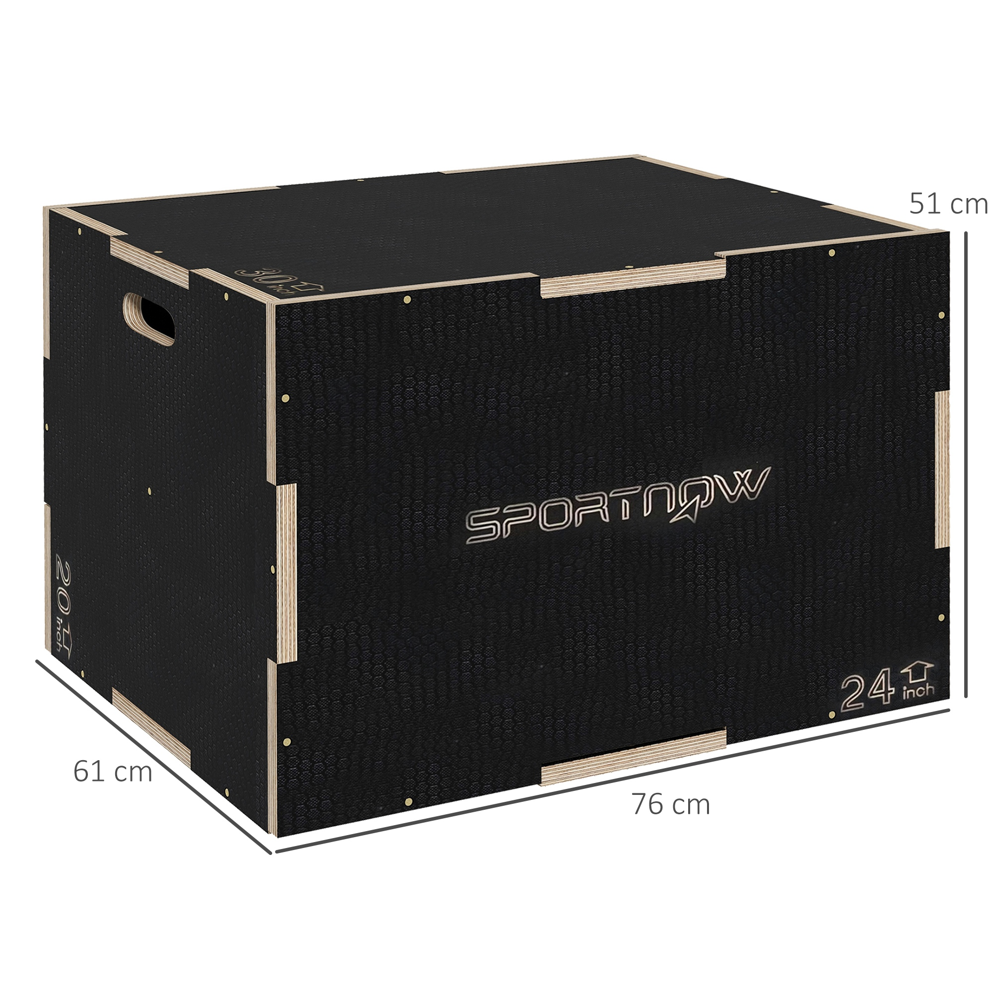 Un cubo de salto de caja plyo negro y rectangular de 76 x 61 x 51 cm.