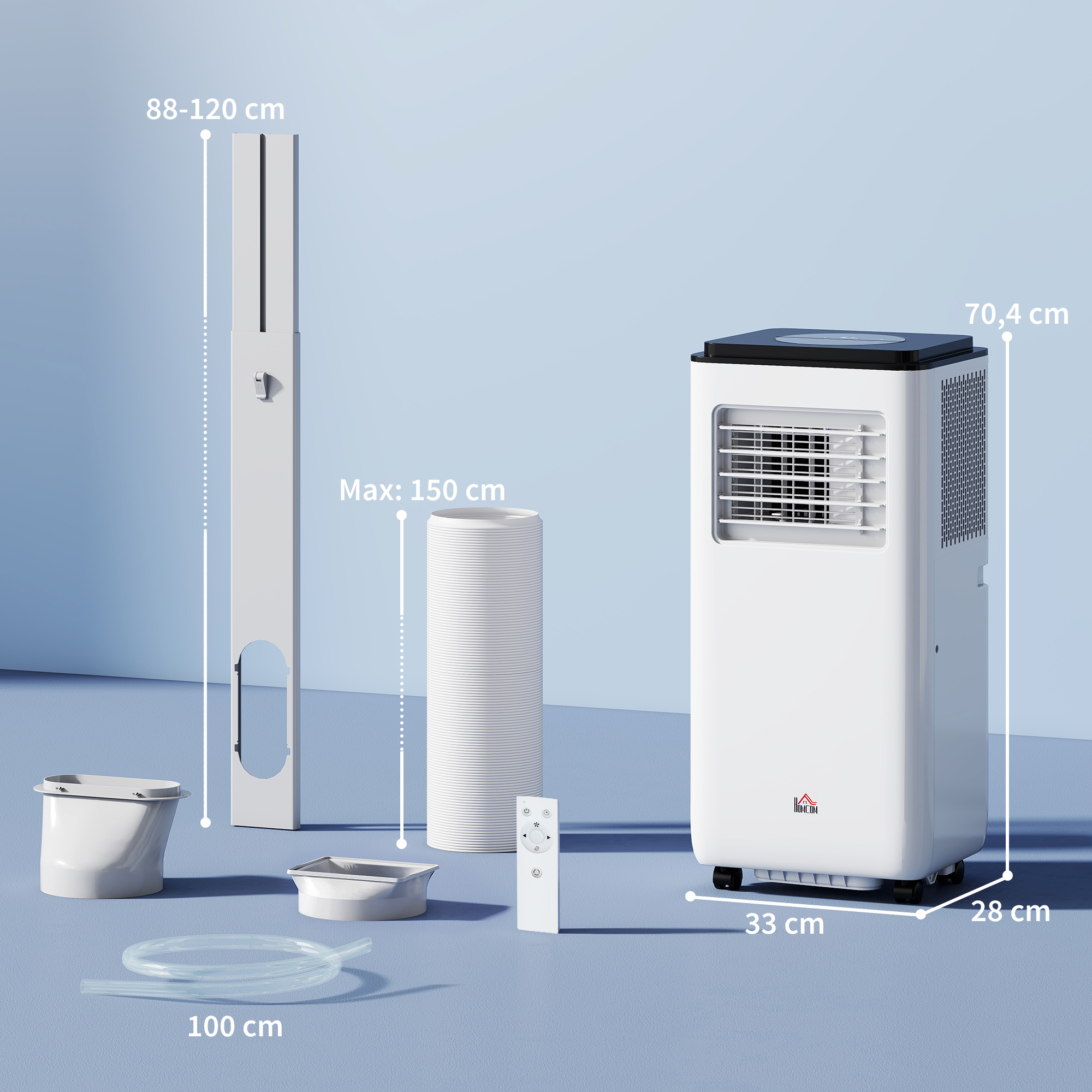 Un kit de aire acondicionado portátil blanco con accesorios, se muestran las dimensiones.