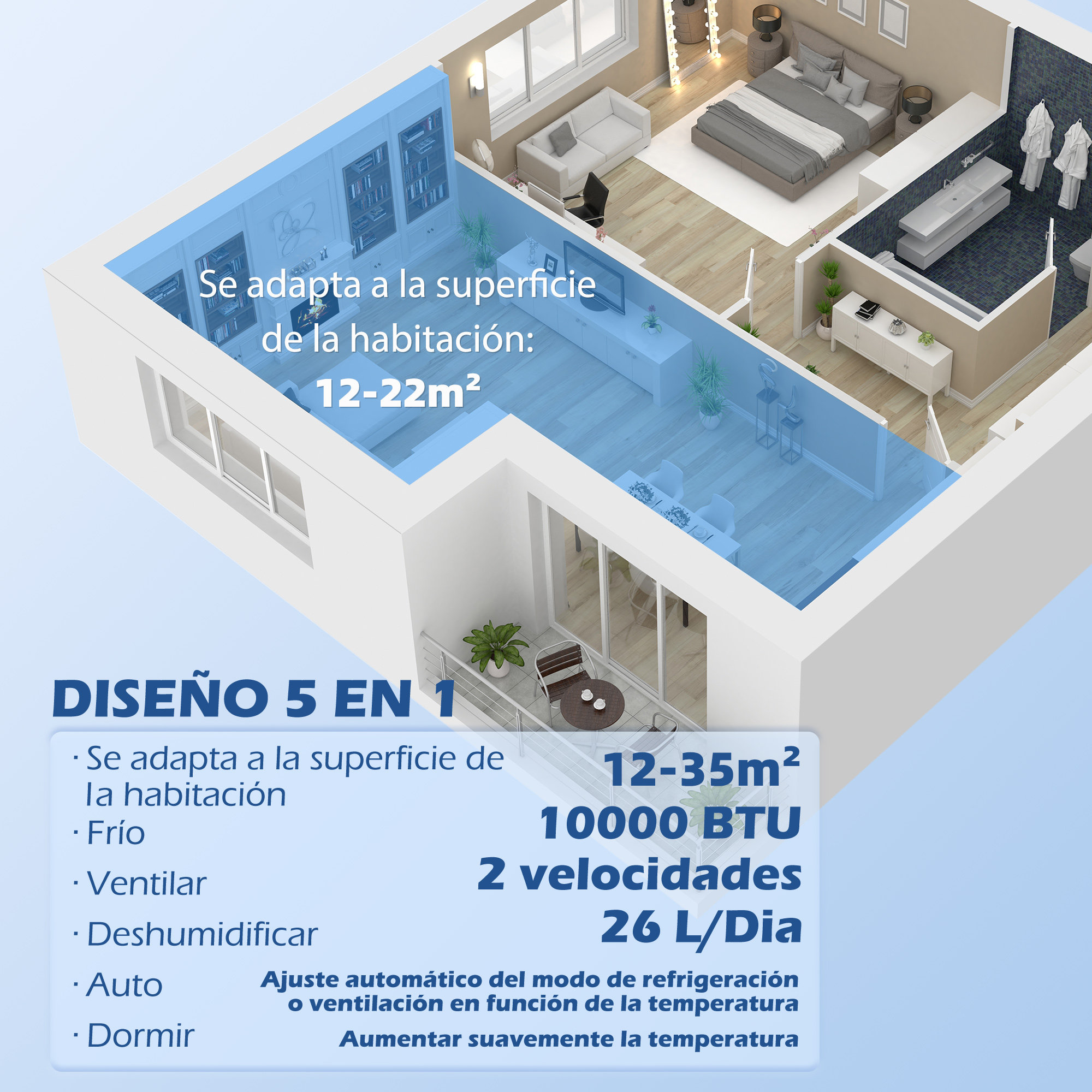 Plano de un apartamento moderno con dormitorio, baño y sala de estar.