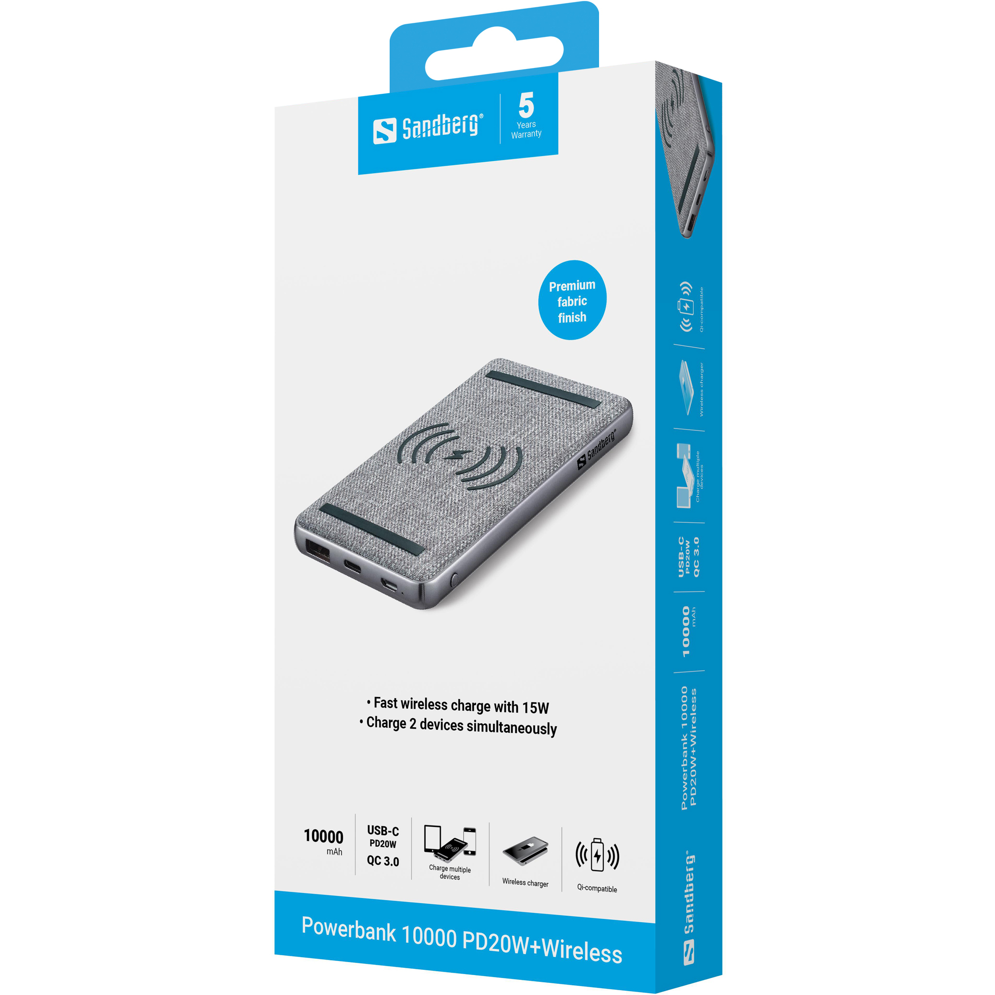 Powerbank Sandberg grigio con finitura in tessuto e simboli di ricarica.