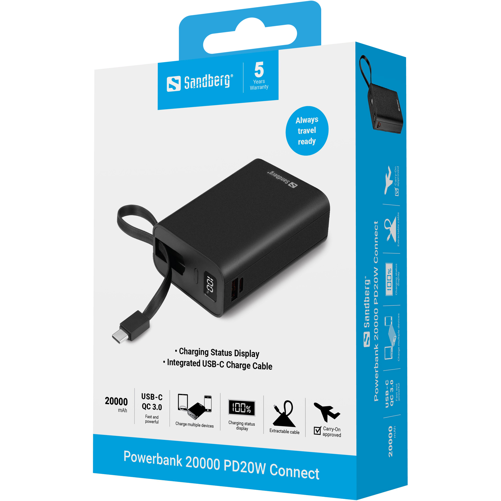 Zwarte Sandberg Powerbank 20000 PD20W Connect met geïntegreerde USB-C kabel.