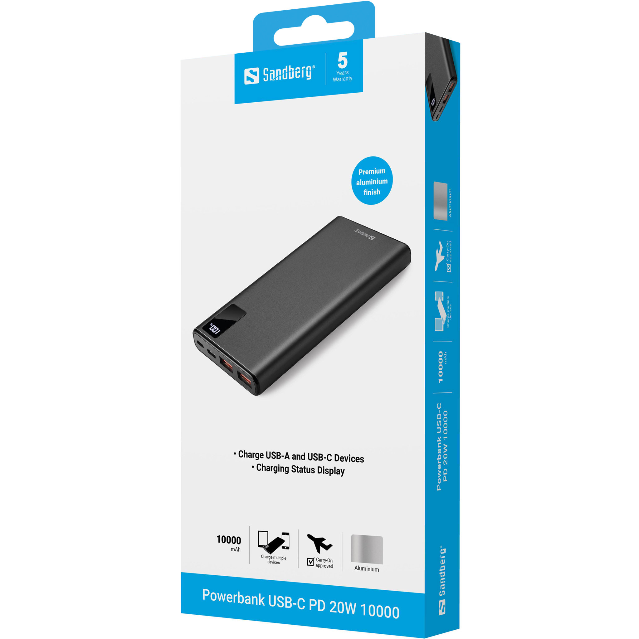 Scatola grigia powerbank Sandberg con immagine powerbank, 10000 mAh.
