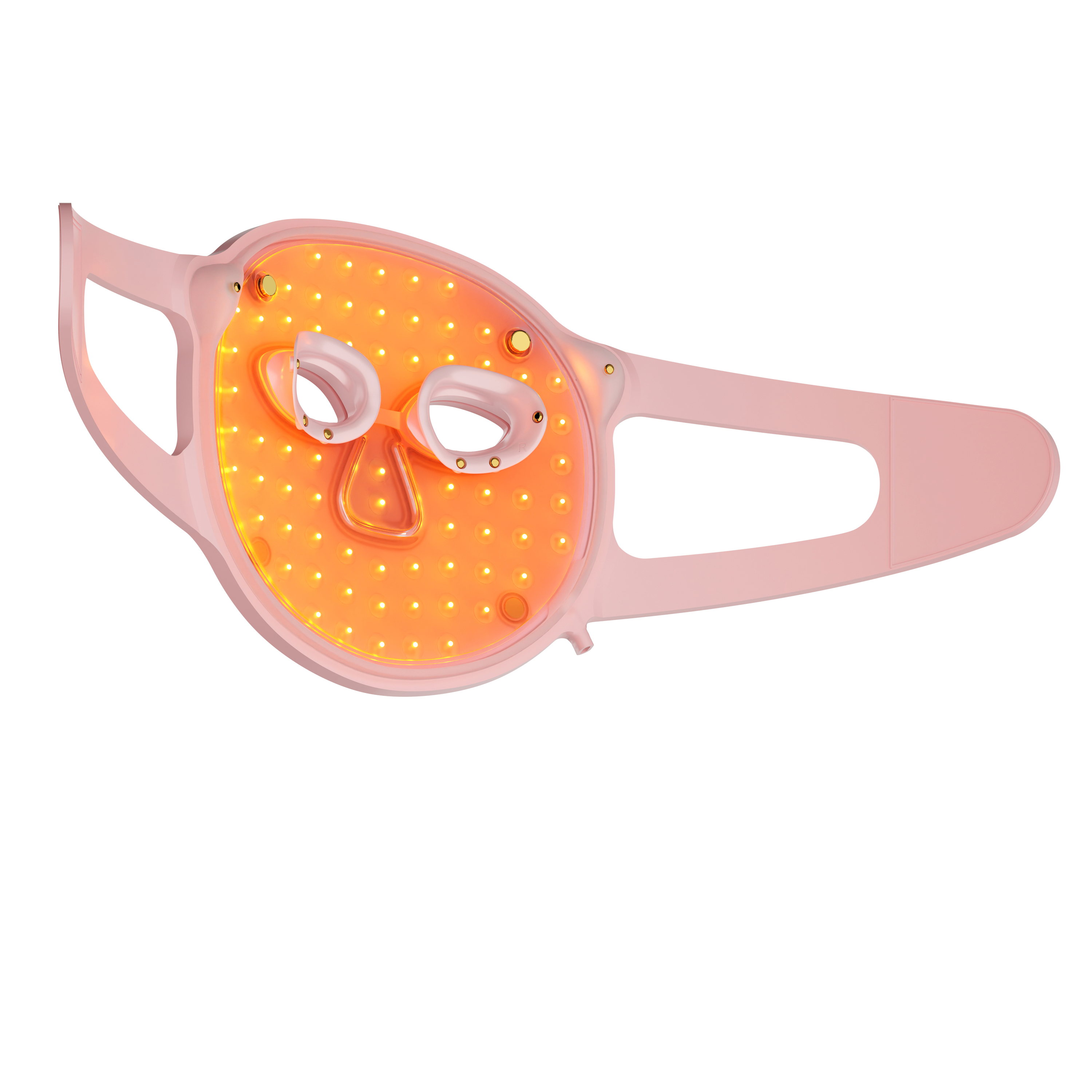 Eine rosafarbene LED-Gesichtsmaske mit goldenen Details leuchtet orange.