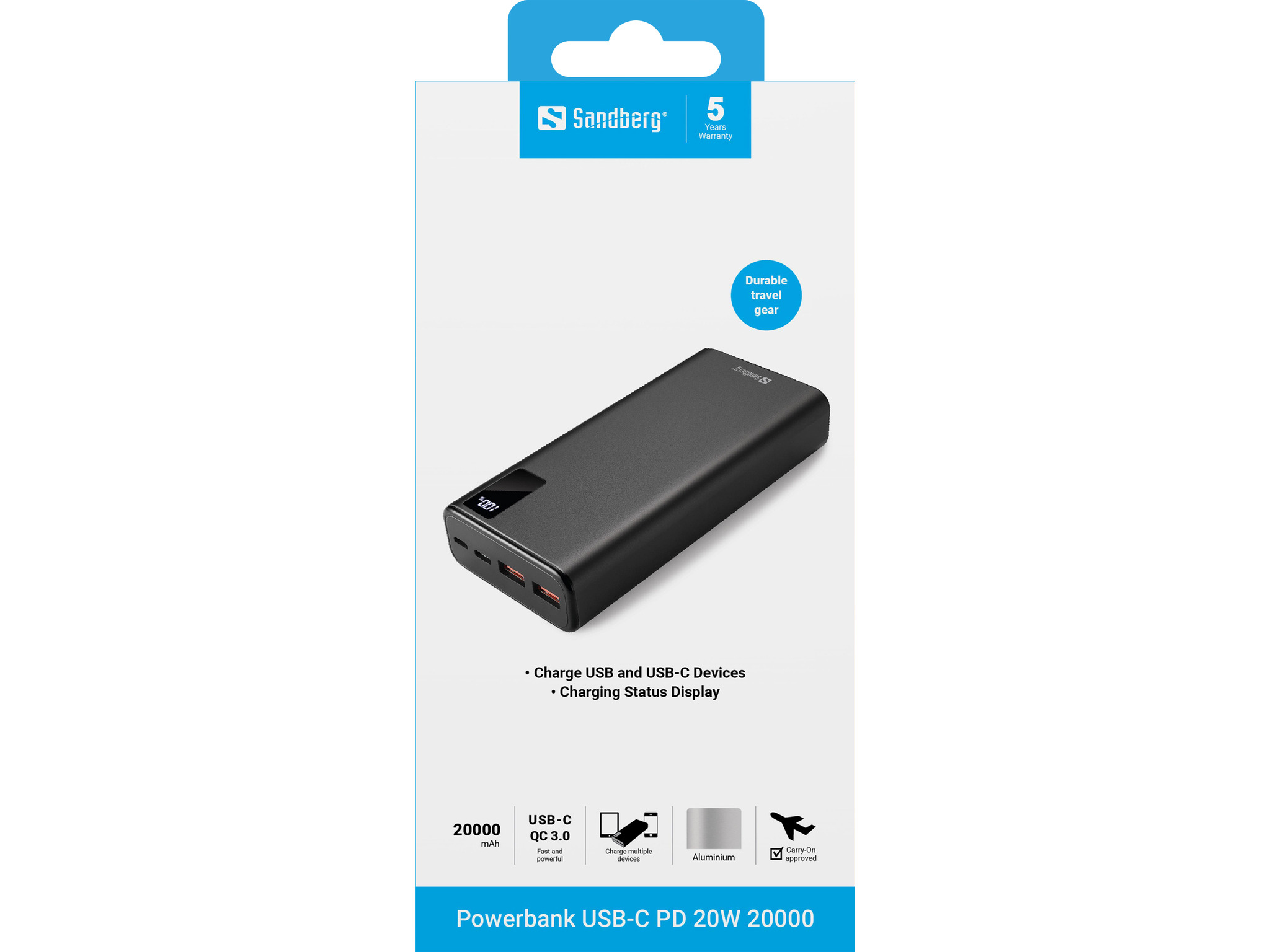 Schwarzes Sandberg Powerbank mit 20000 mAh, USB-C PD 20W, Aluminium, Handgepäck-konform.
