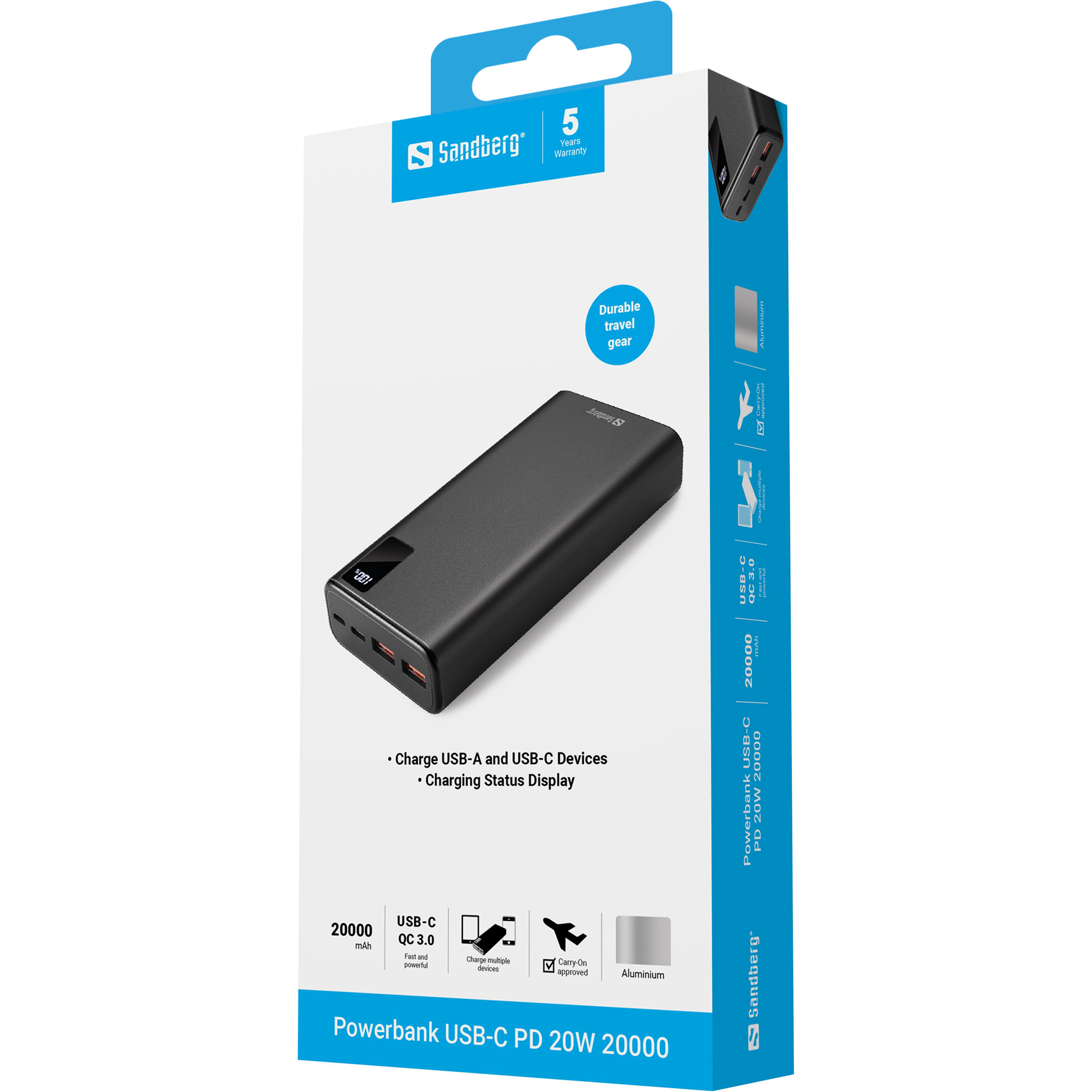 Schwarzes Sandberg Powerbank-Gehäuse mit digitalen Ladeanzeigen und Anschlüssen.