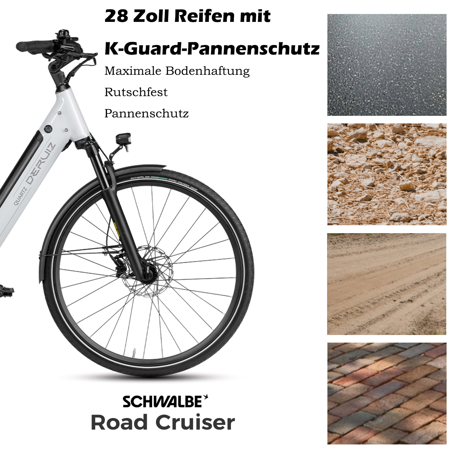 Weißes Fahrrad mit schwarzen Akzenten, Vorderrad und Text über 28-Zoll-Reifen.
