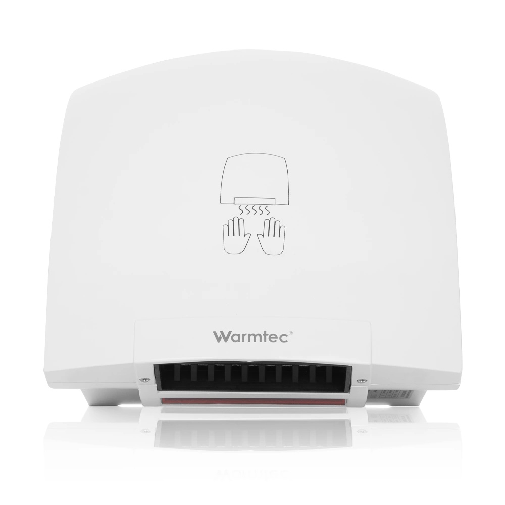 Biała automatyczna suszarka do rąk z logo Warmtec i grafiką dłoni.