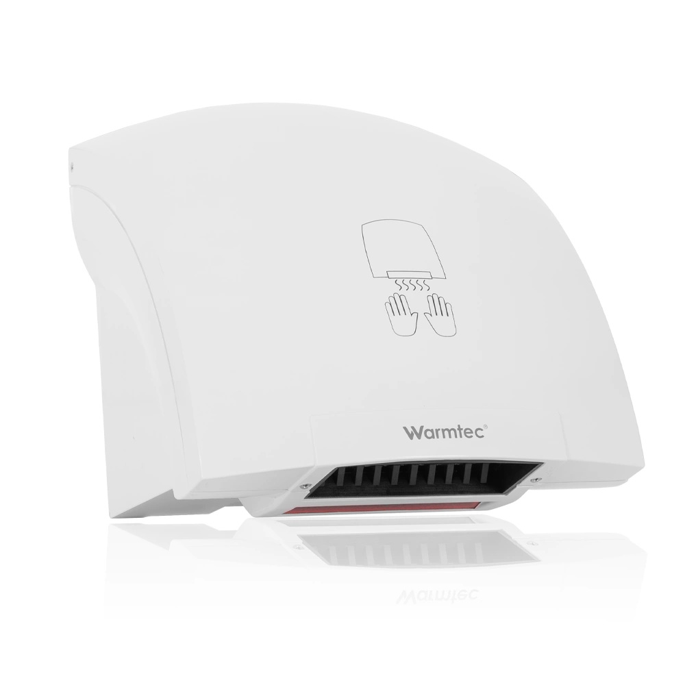 Biała automatyczna suszarka do rąk z ikonami dłoni i pary oraz logo Warmtec.