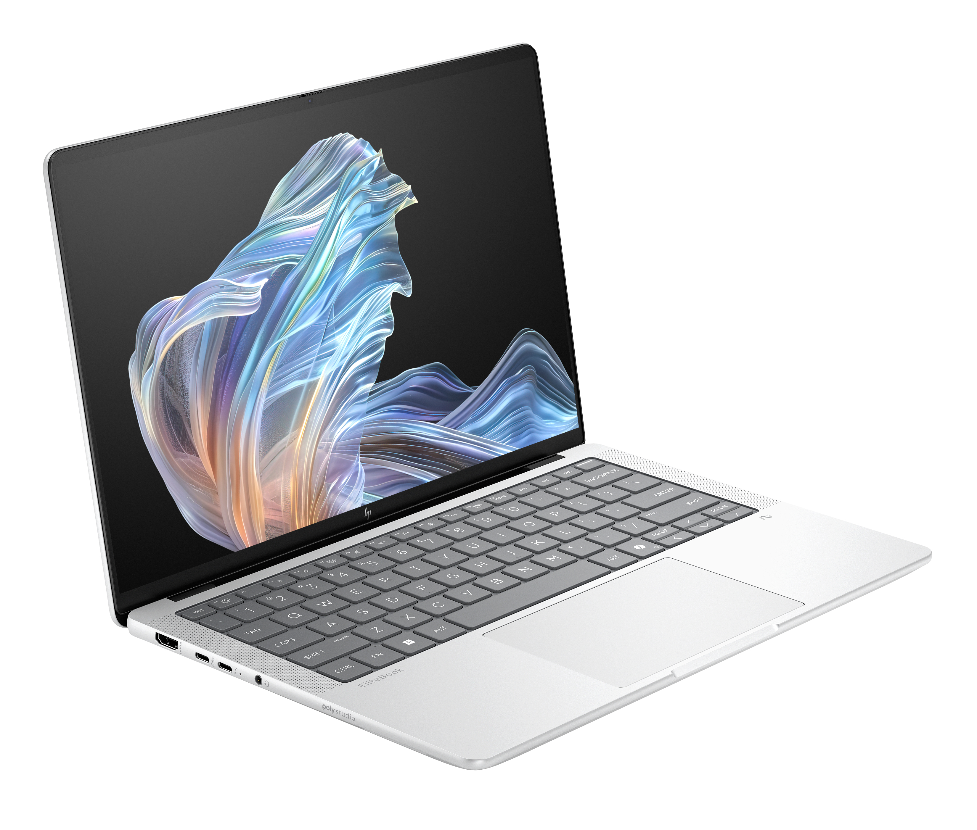 Un laptop argento con tastiera retroilluminata e sfondo colorato sullo schermo.