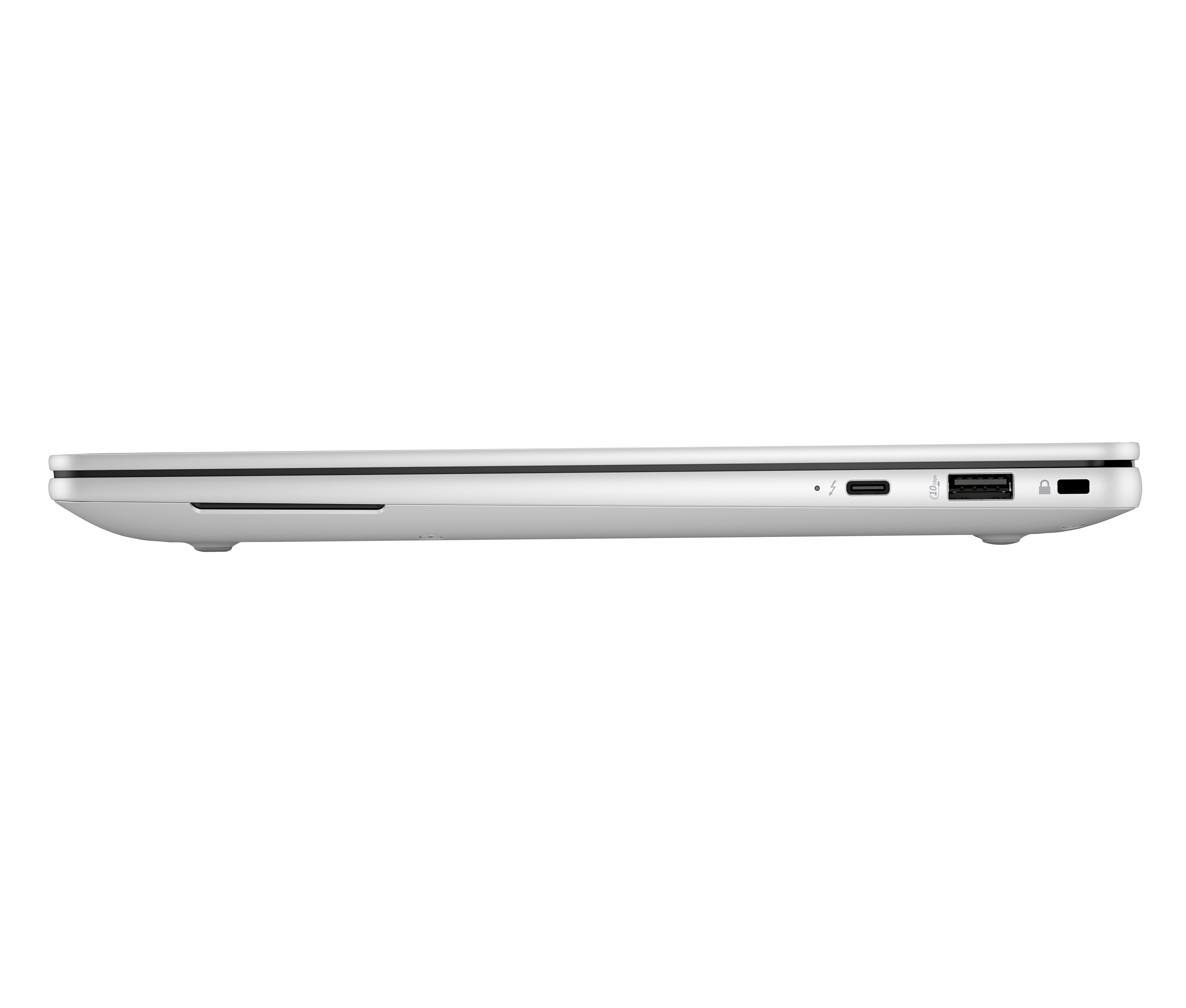 Bordo laptop argento con porte USB-C, USB-A e blocco.
