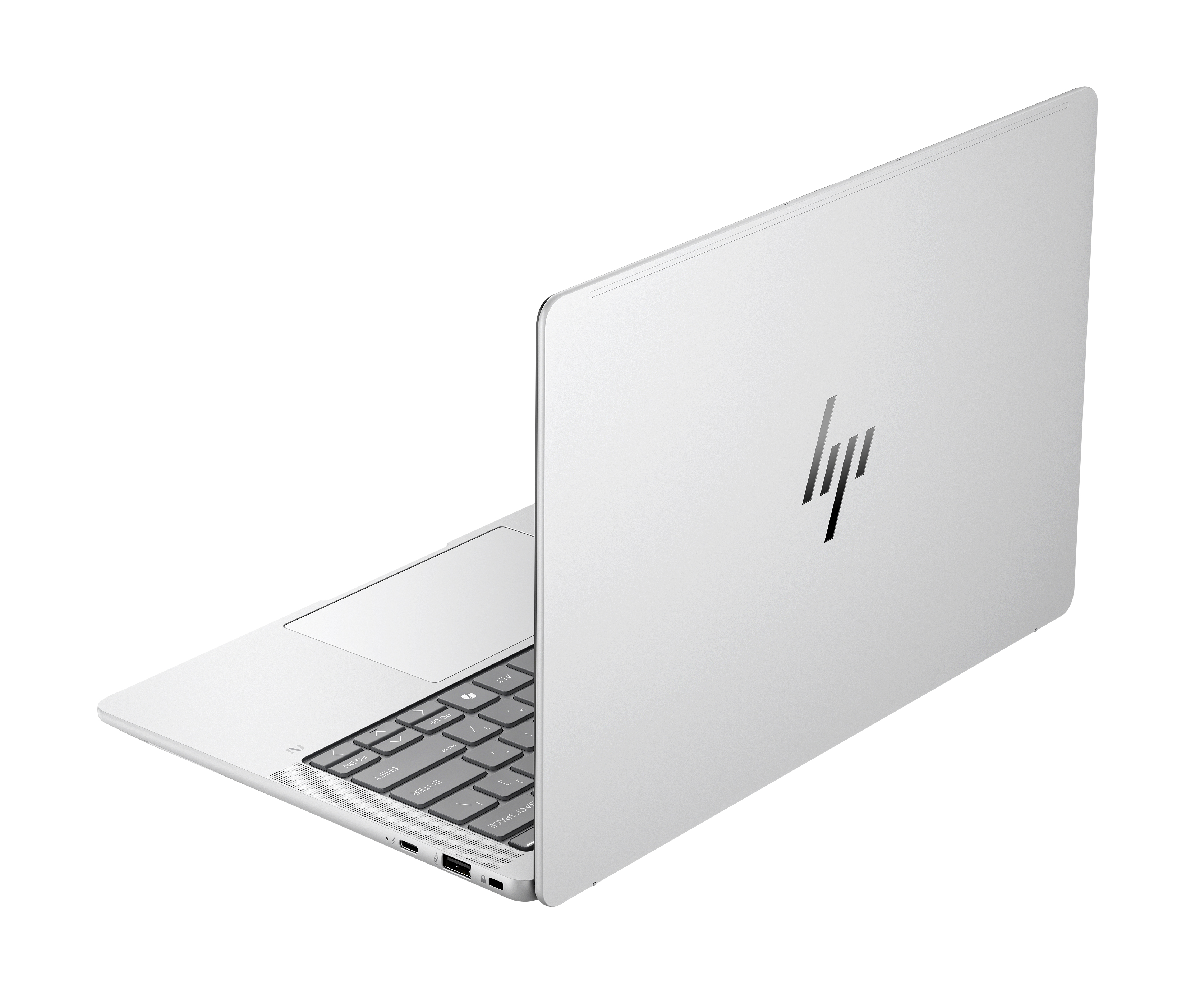 Un laptop HP argentato, mostrato da dietro a sinistra, con lo schermo aperto.