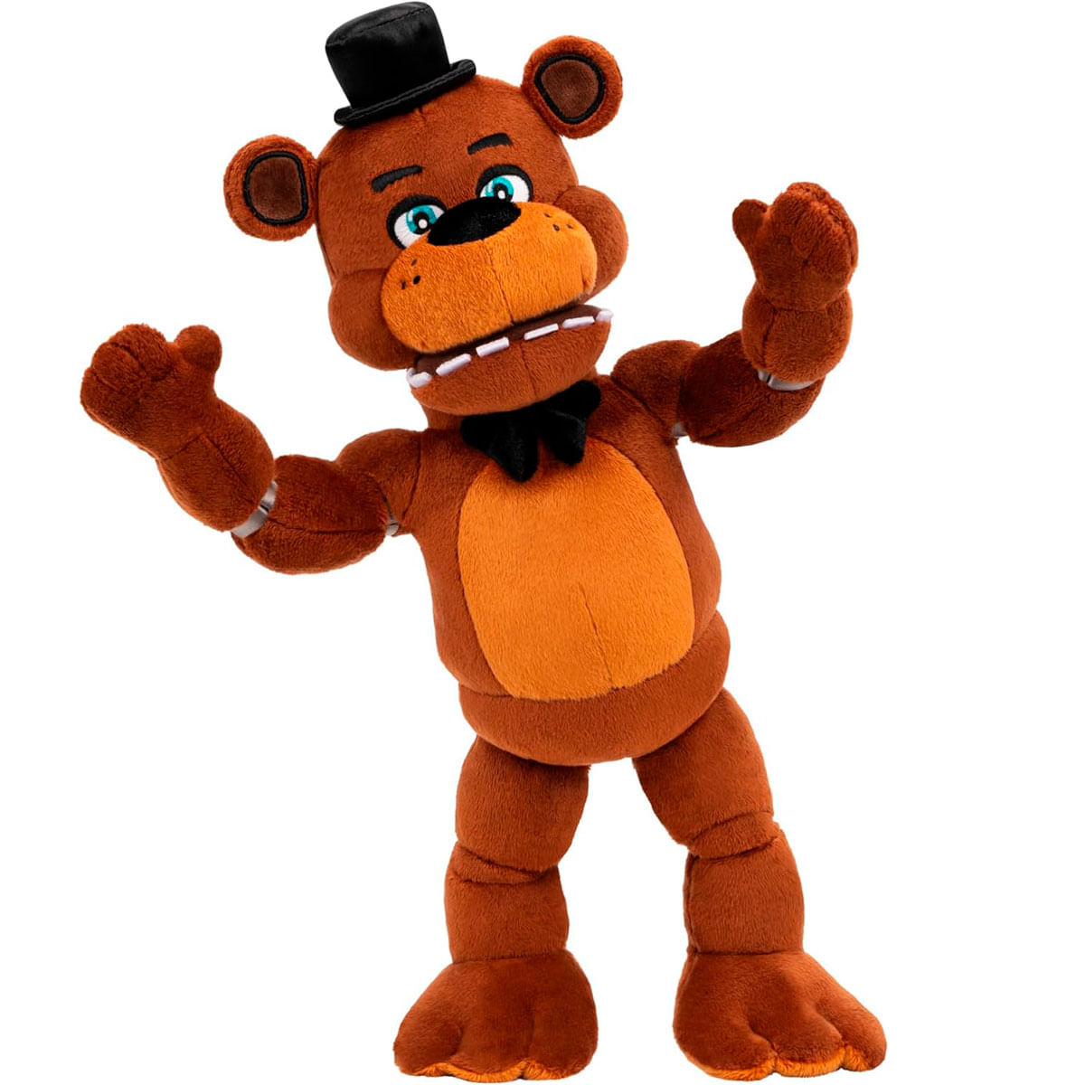 Un oso de peluche marrón con bombín y pajarita negros, de pie.