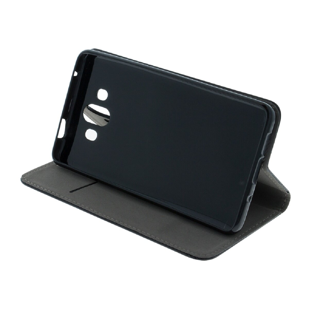 Schwarzes Smartphone auf einem grauen Kunstleder-Flip-Case.