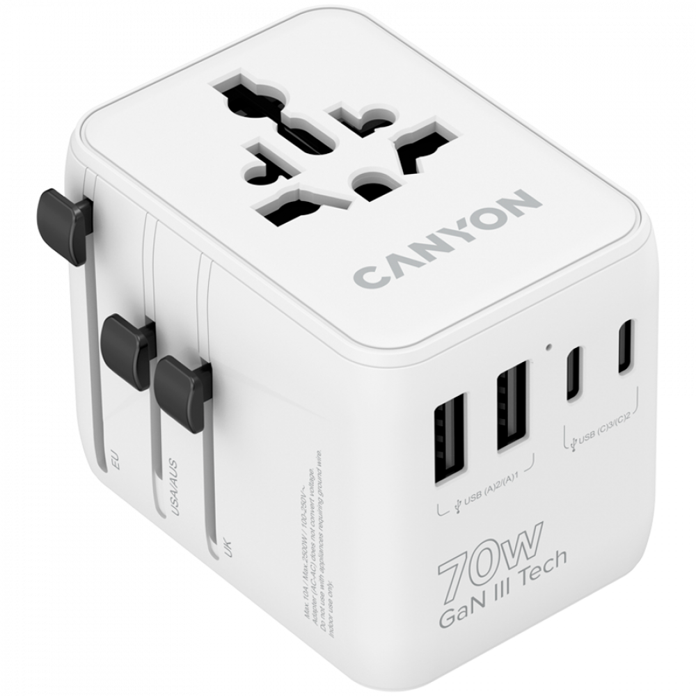 Biały uniwersalny adapter podróżny Canyon 70W GaN III Tech z portami USB-A i USB-C.