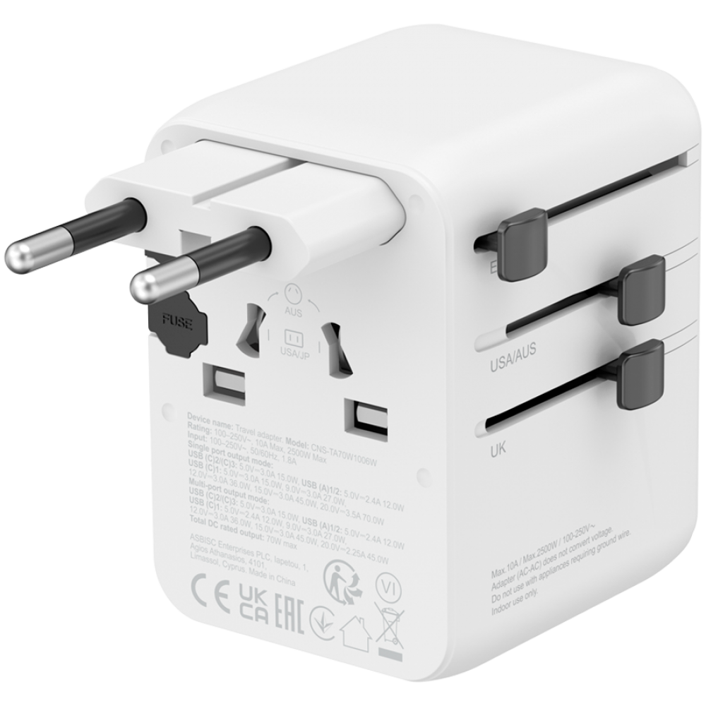 Biały adapter podróżny z wysuwanymi bolcami do UE, USA, UK, AUS/JP.