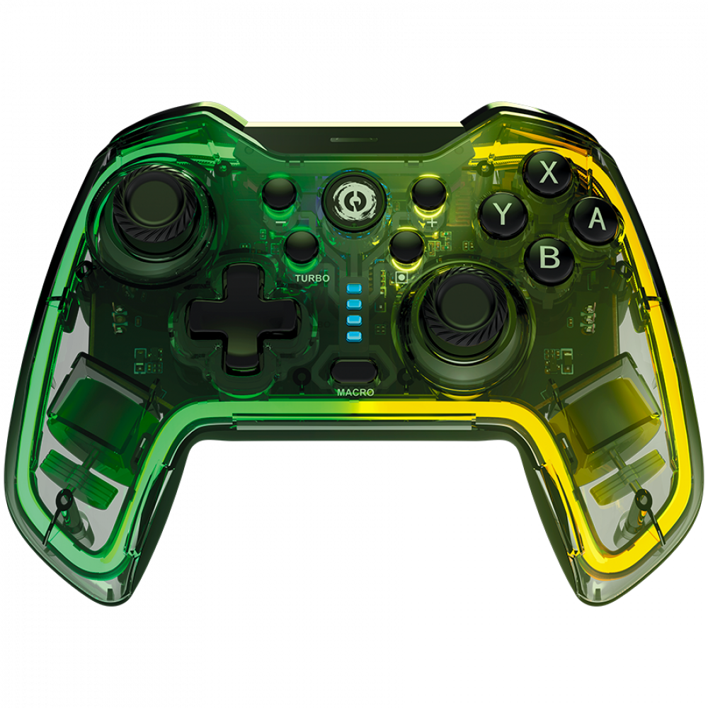 Controller da gioco trasparente verde e giallo con pulsanti neri su sfondo nero.