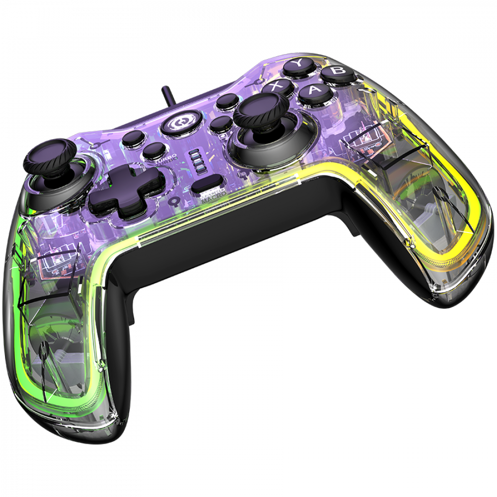 Un controller trasparente con luci viola e gialle su sfondo nero.