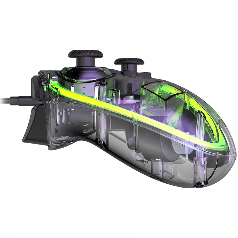 Un controller trasparente con illuminazione verde mostra la sua meccanica interna.