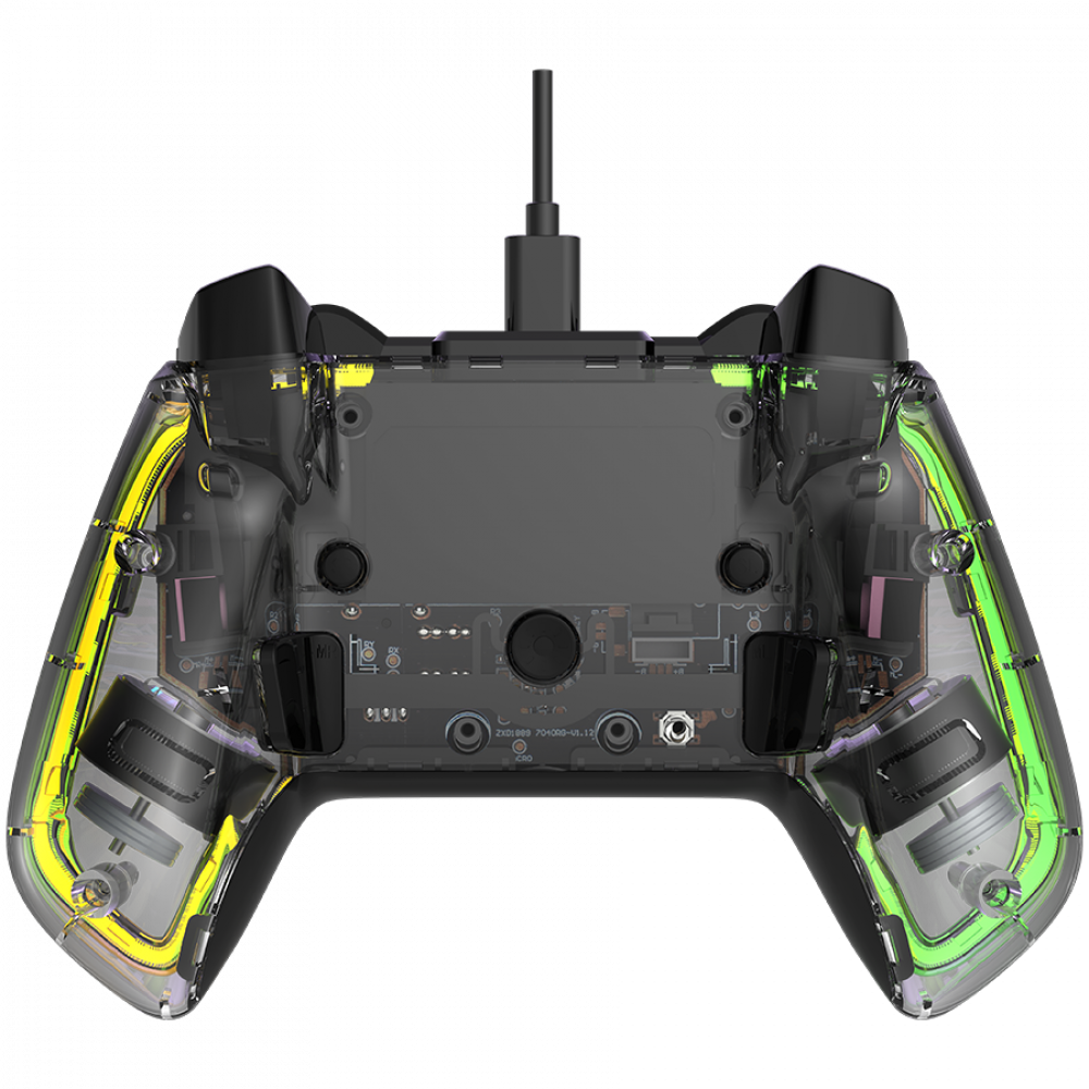 Controller trasparente con luci gialle e verdi ed elettronica visibile.