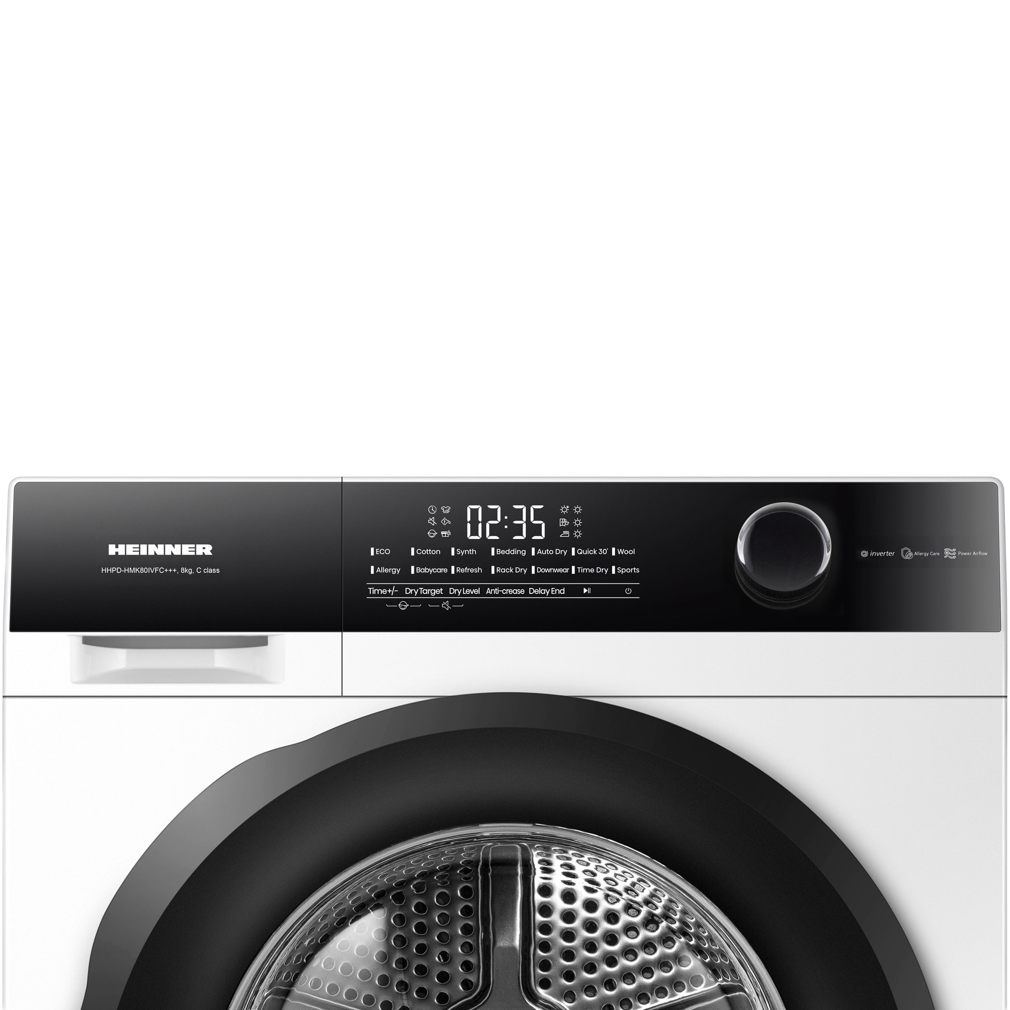 Vorderseite einer weißen Waschmaschine mit schwarzem Bedienfeld und digitaler Anzeige.