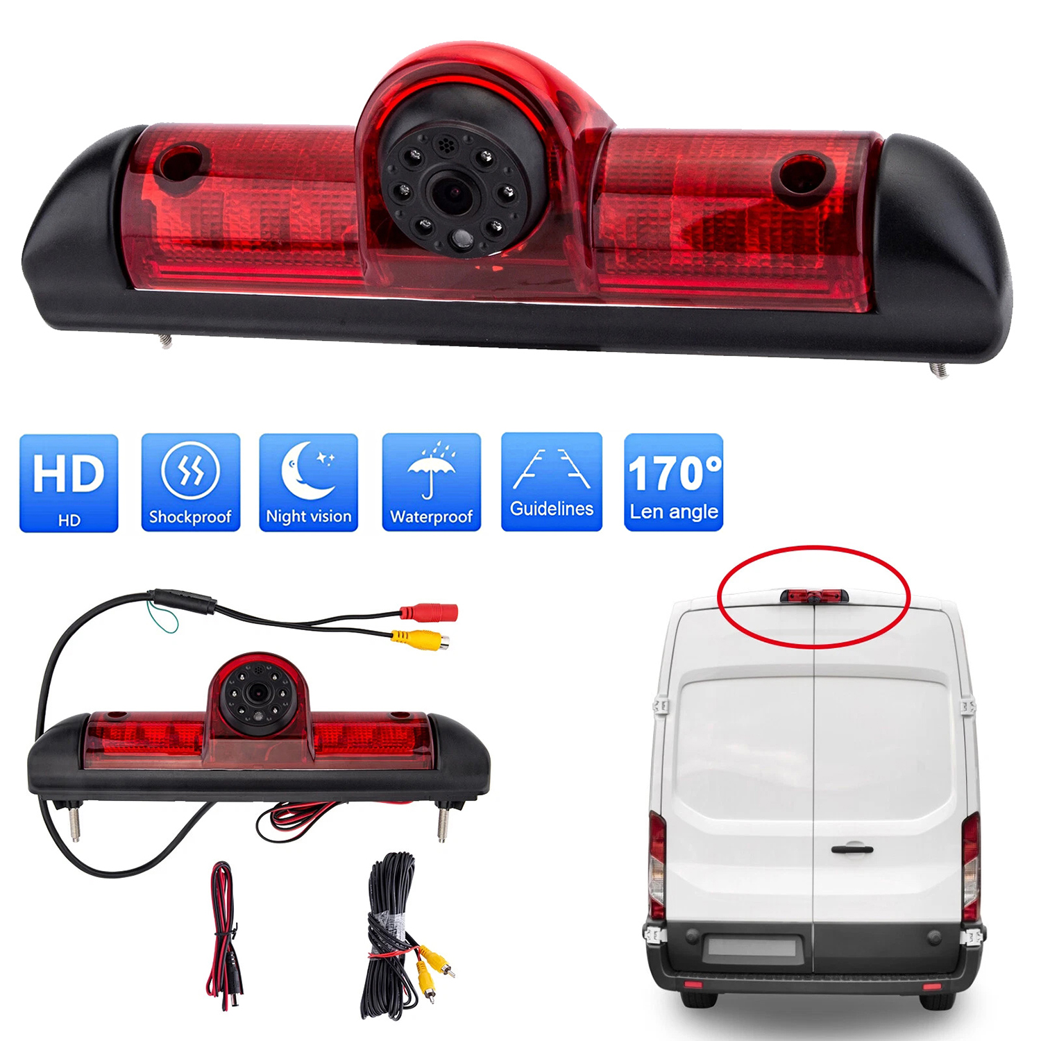 Czerwona kamera światła stop z kablami i ikonami: HD, Odporna na wstrząsy, Nocna, Wodoodporna, Linie pomocnicze, Kąt 170°.