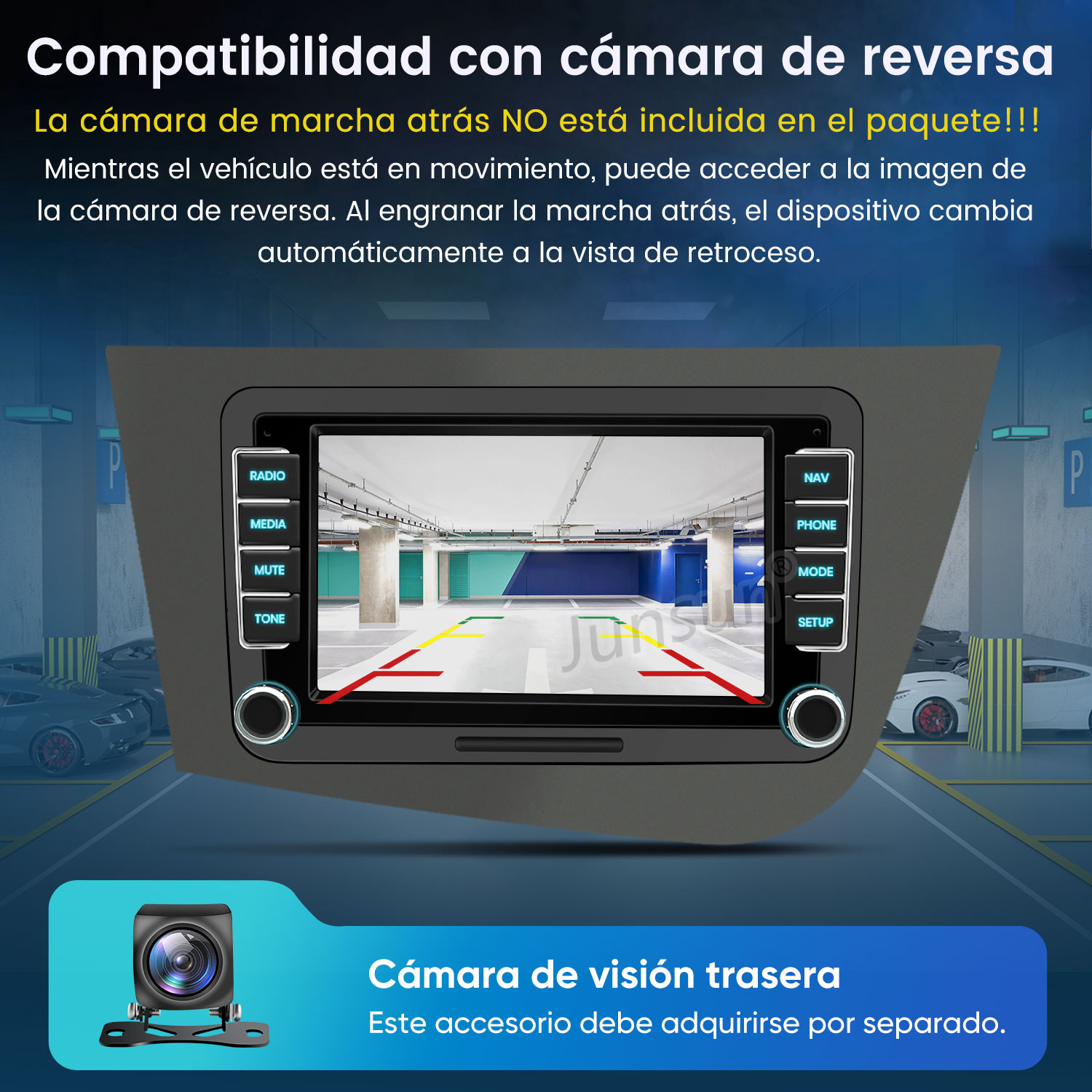 Pantalla de coche muestra líneas de aparcamiento. Cámara trasera separada.