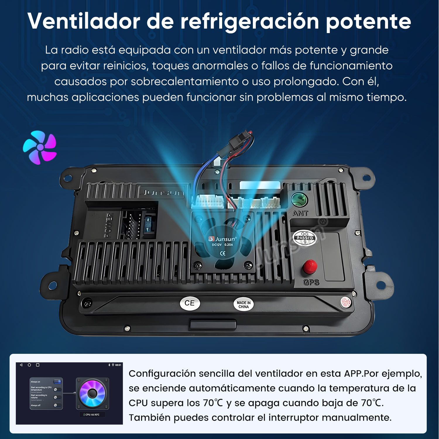 Vista trasera de una radio de coche con ventilador y puertos, junto a una pantalla de app.