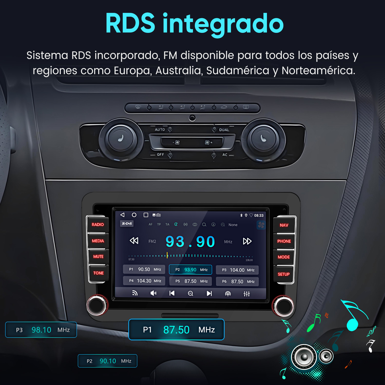 Pantalla de radio de coche muestra información RDS, emisoras y frecuencias.