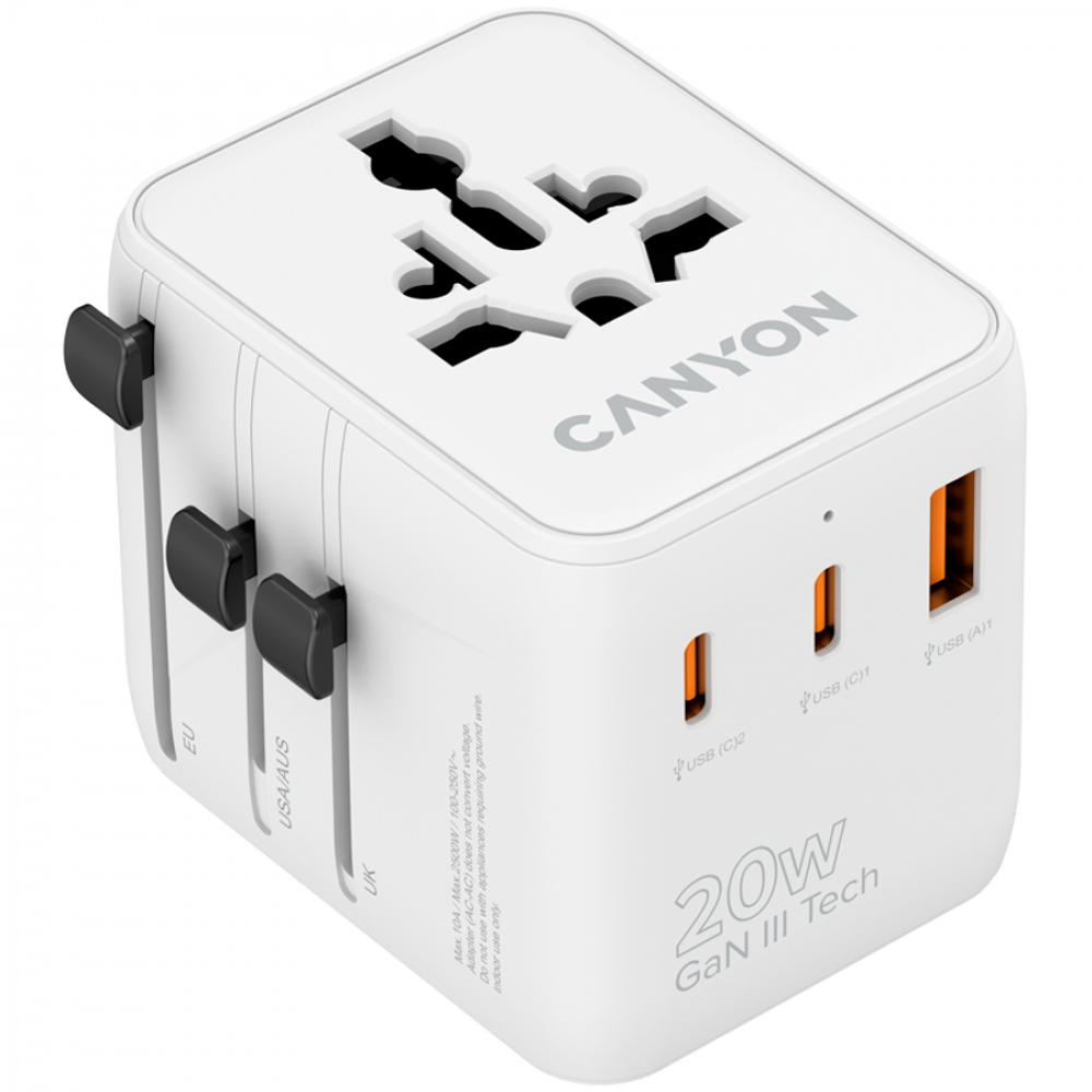 Biały adapter podróżny Canyon z wysuwanymi bolcami do UE, USA/AUS i Wielkiej Brytanii.
