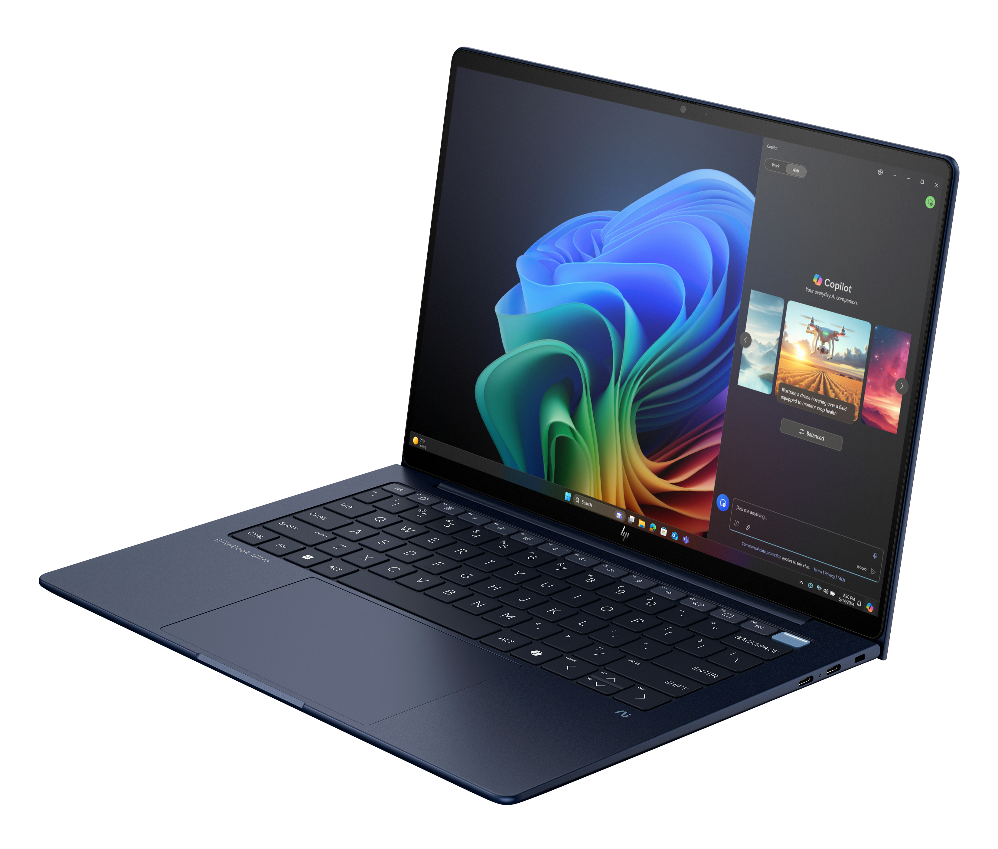 Un laptop blu scuro che mostra una finestra Copilot con un'immagine di drone.
