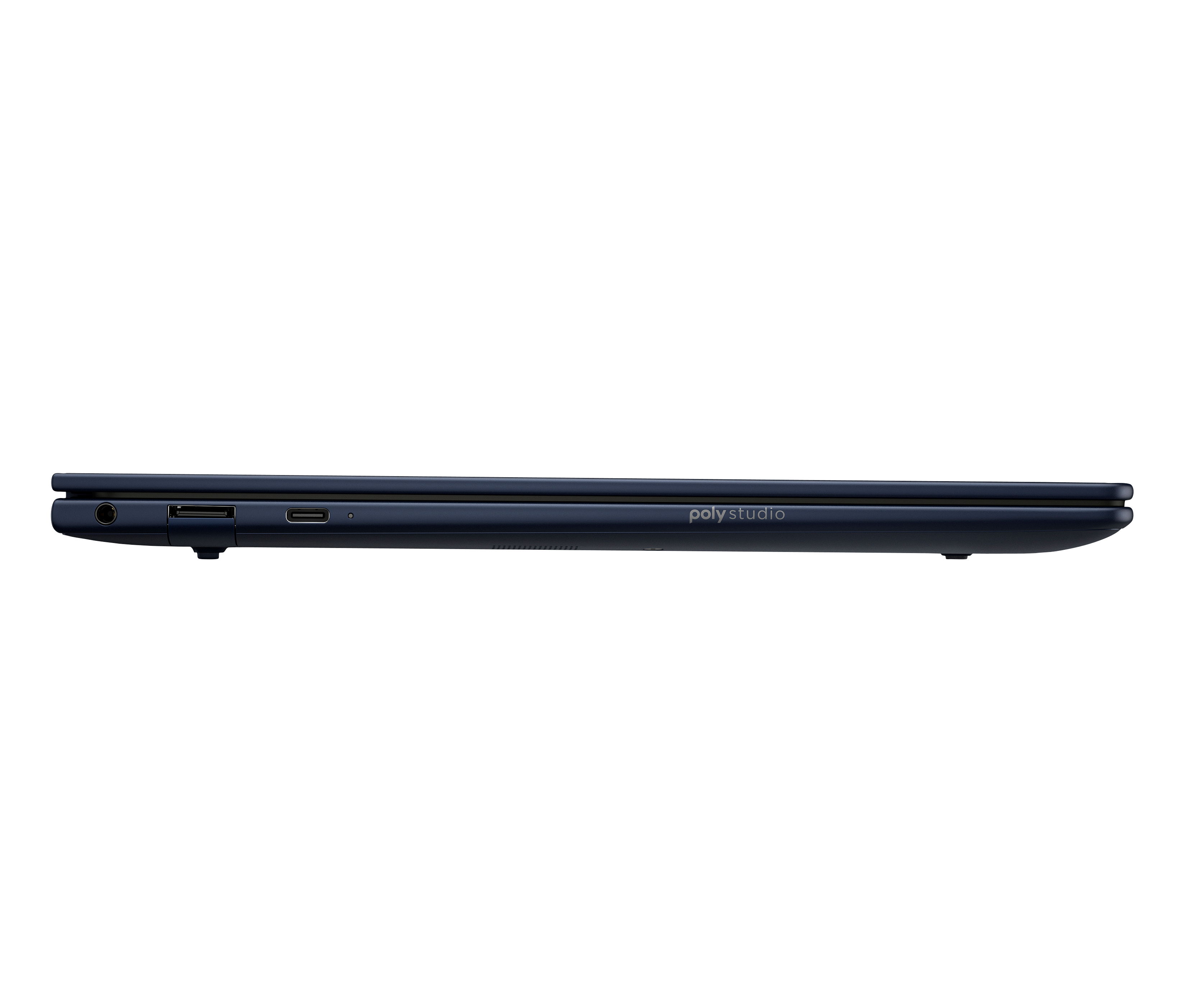 Profilo laptop Poly Studio blu scuro con porte.