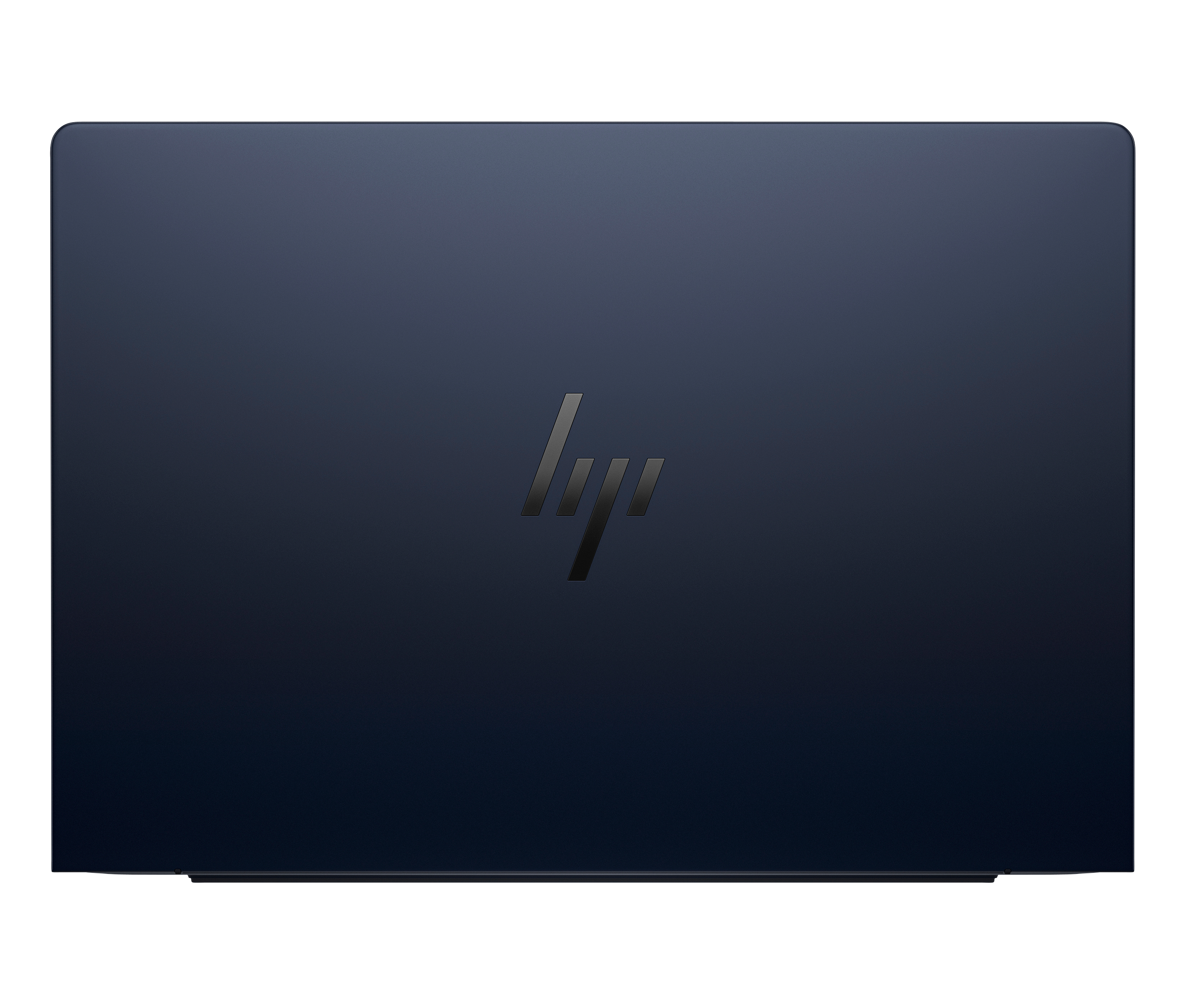 Laptop blu scuro con logo HP lucido al centro.