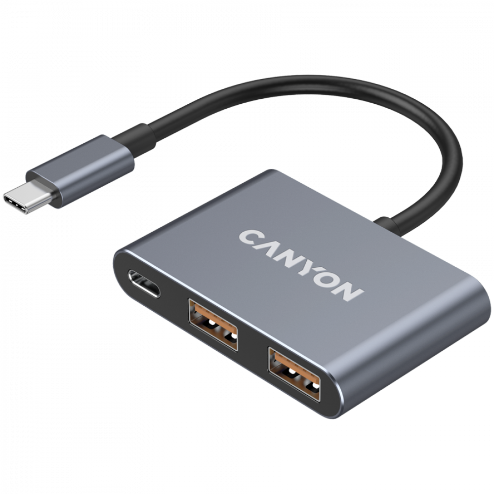 Szary hub USB-C z dwoma portami USB-A i jednym portem USB-C.