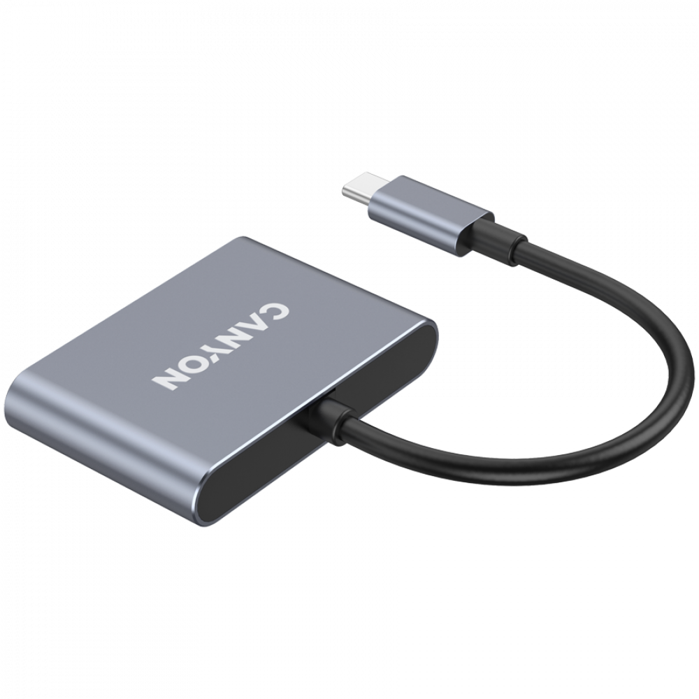 Szary adapter USB-C z kablem i złączem, logo Canyon.