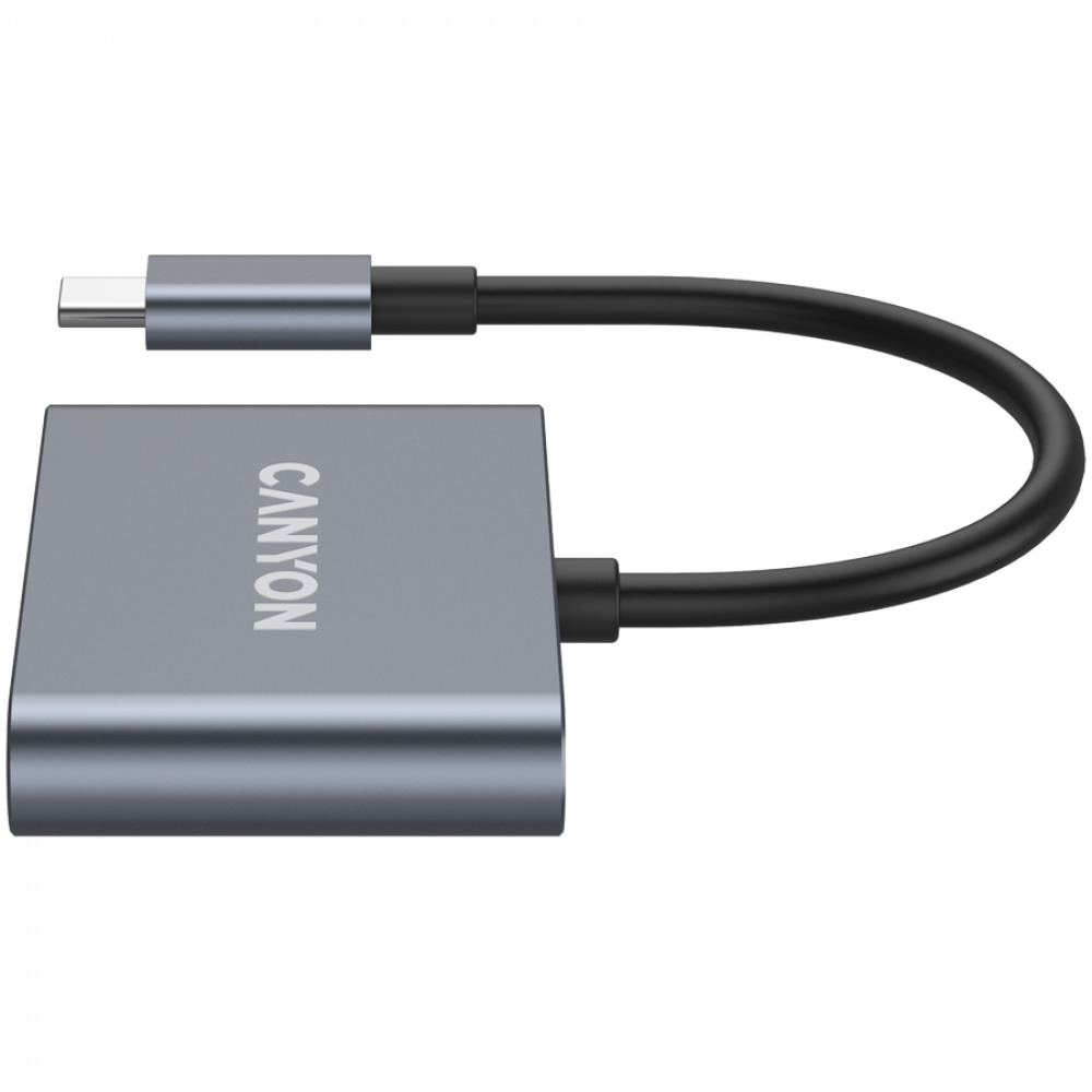 Szara przejściówka USB-C ze srebrnym złączem USB-C i czarnym kablem.