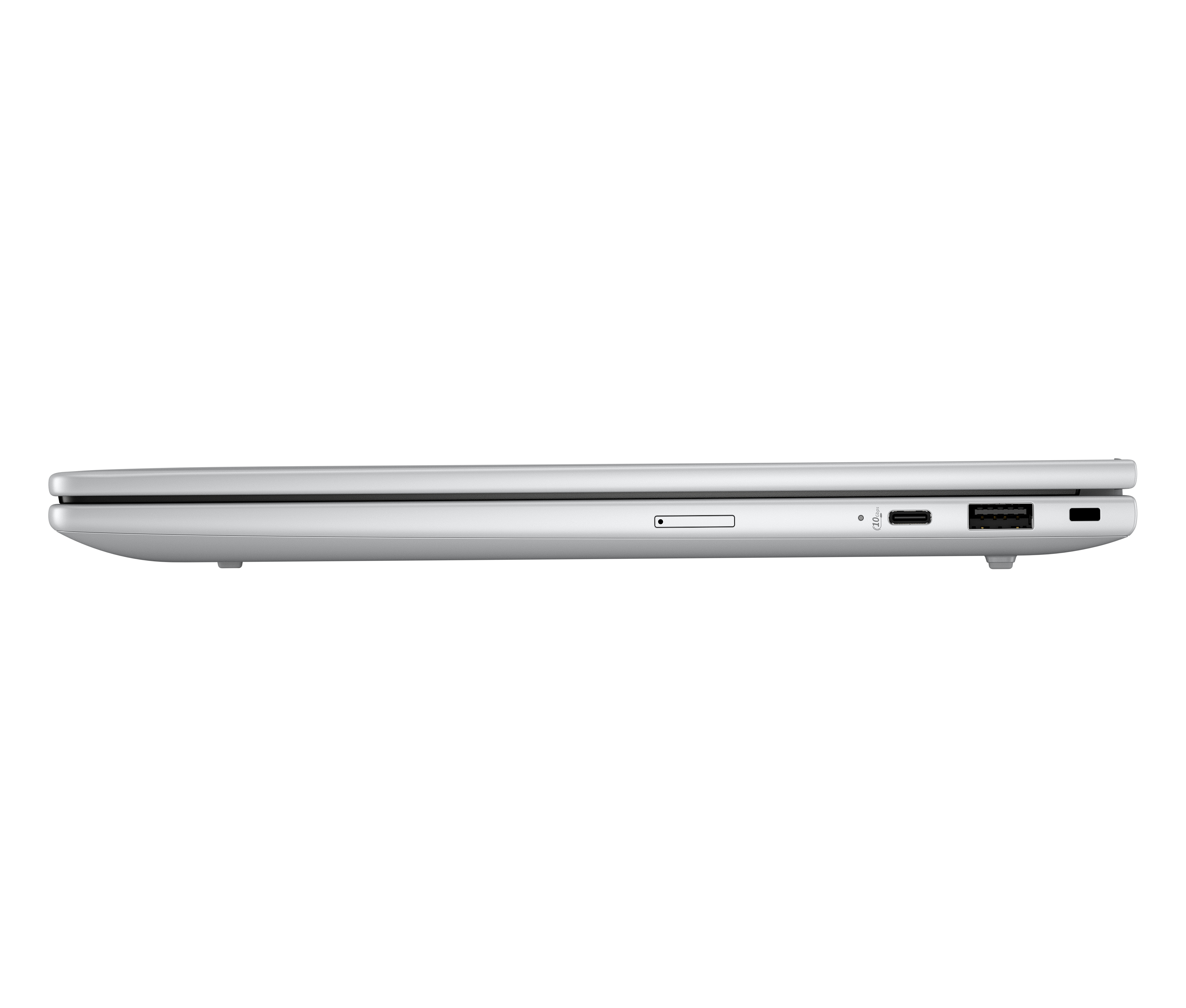 Zij-aanzicht zilveren laptop met USB-C, USB-A en SD-kaartlezer.
