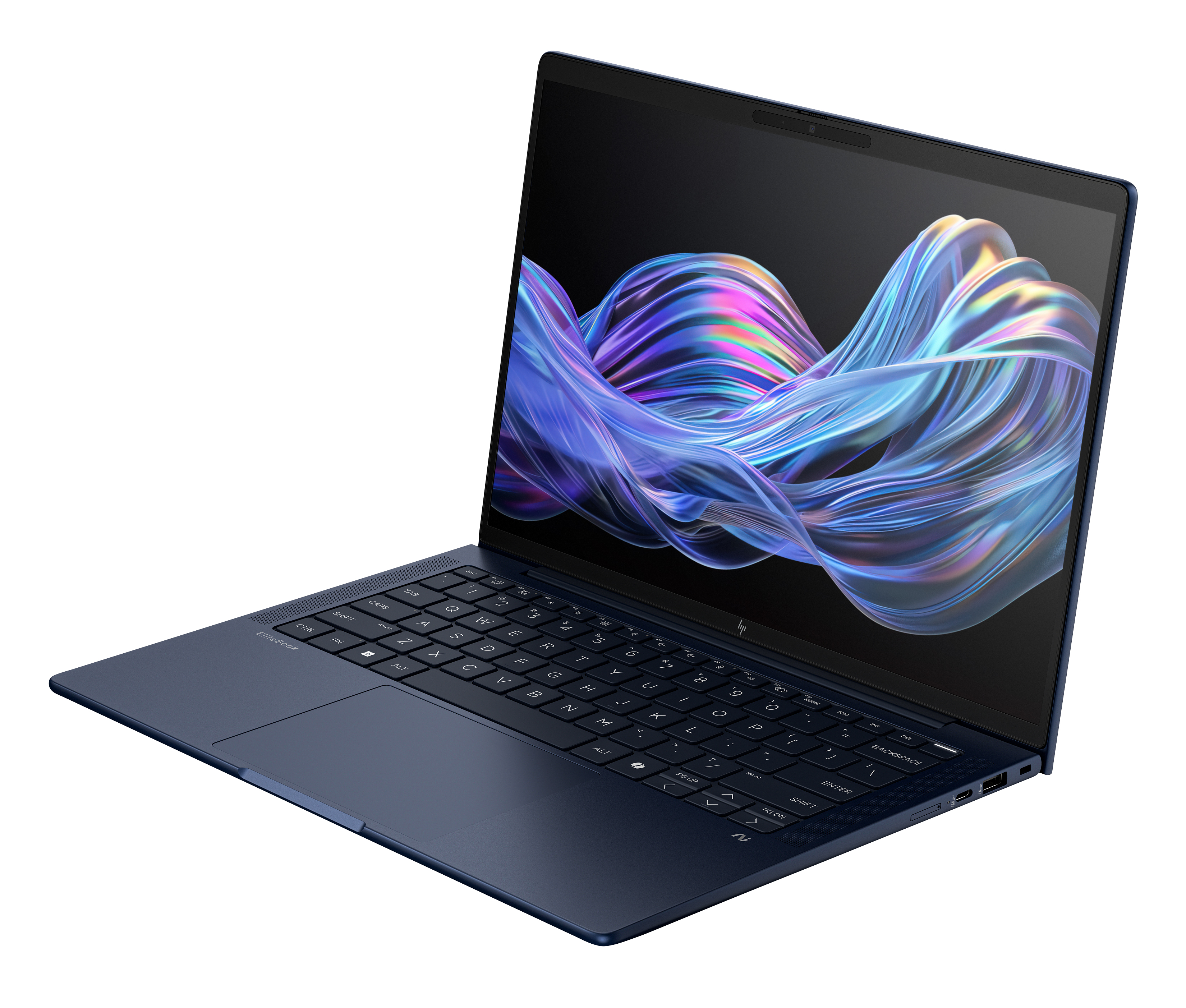 Un laptop blu scuro mostra uno sfondo astratto e colorato sullo schermo.