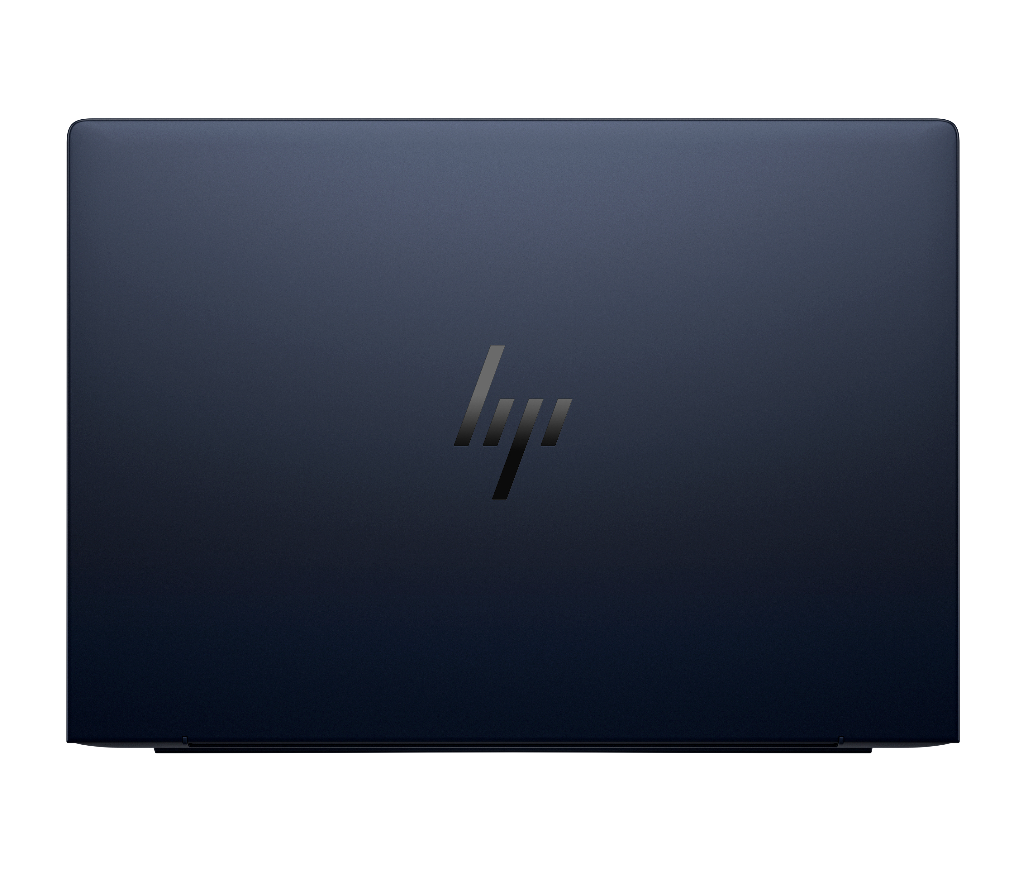 Un laptop HP blu scuro chiuso con il suo logo al centro.