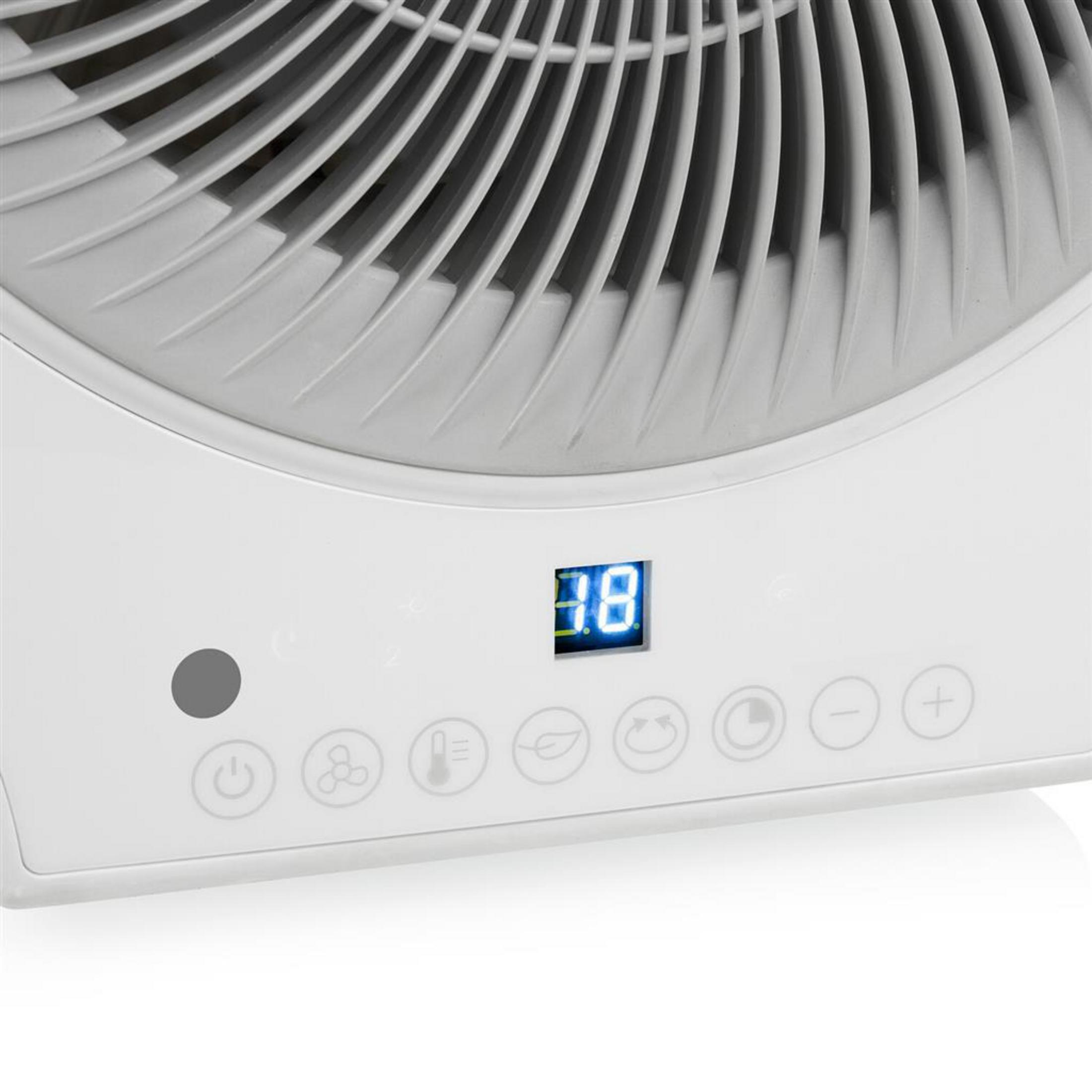Primer plano del panel de control de un ventilador blanco con pantalla digital azul que muestra 38.
