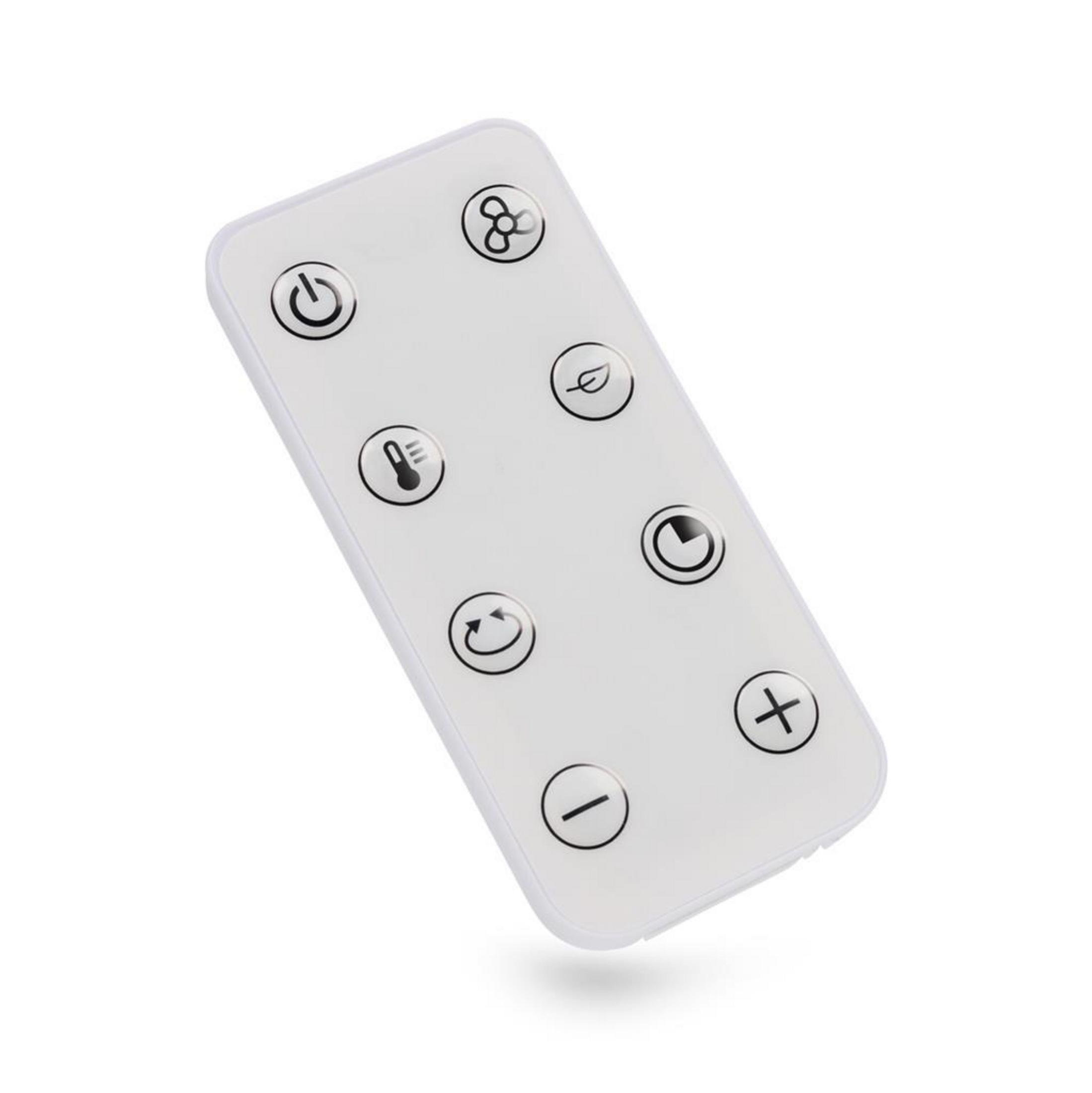 Mando a distancia blanco con iconos: Encendido, ventilador, hoja, termómetro, reloj, flechas, más, menos.