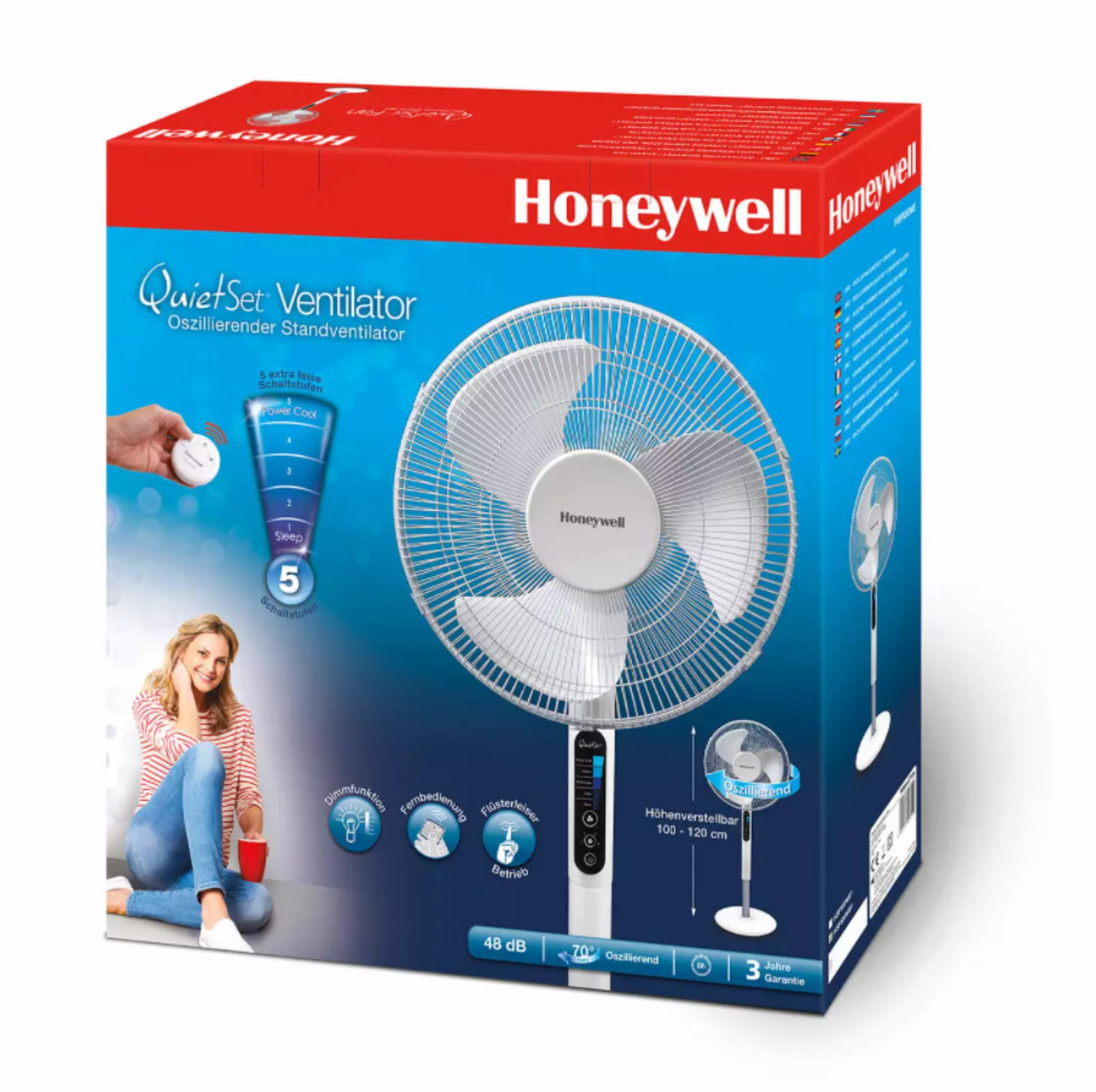 Opakowanie wentylatora stojącego Honeywell z wentylatorem, kobietą i pilotem