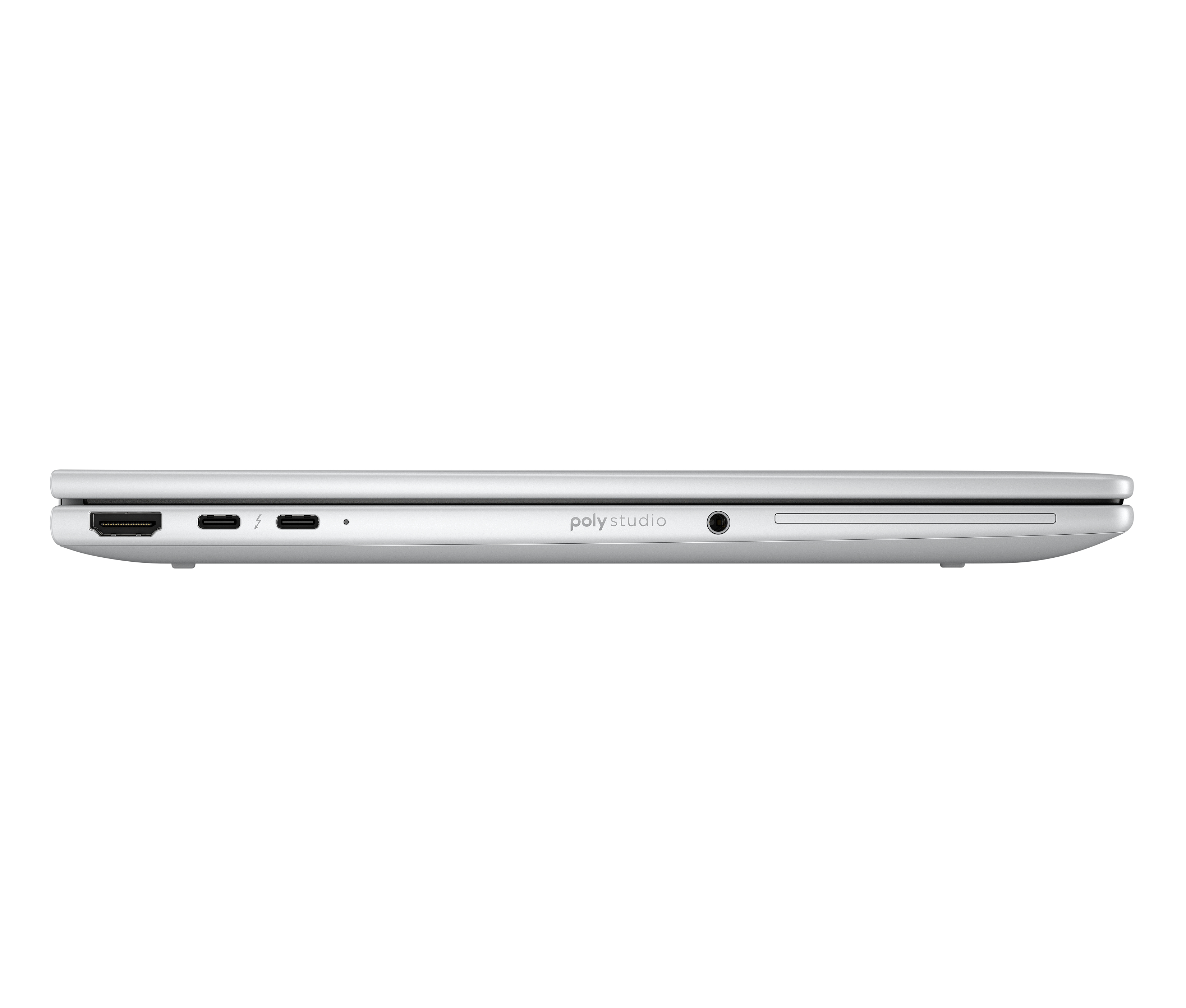 Laptop Poly Studio argentato con porte: HDMI, Thunderbolt, jack audio.