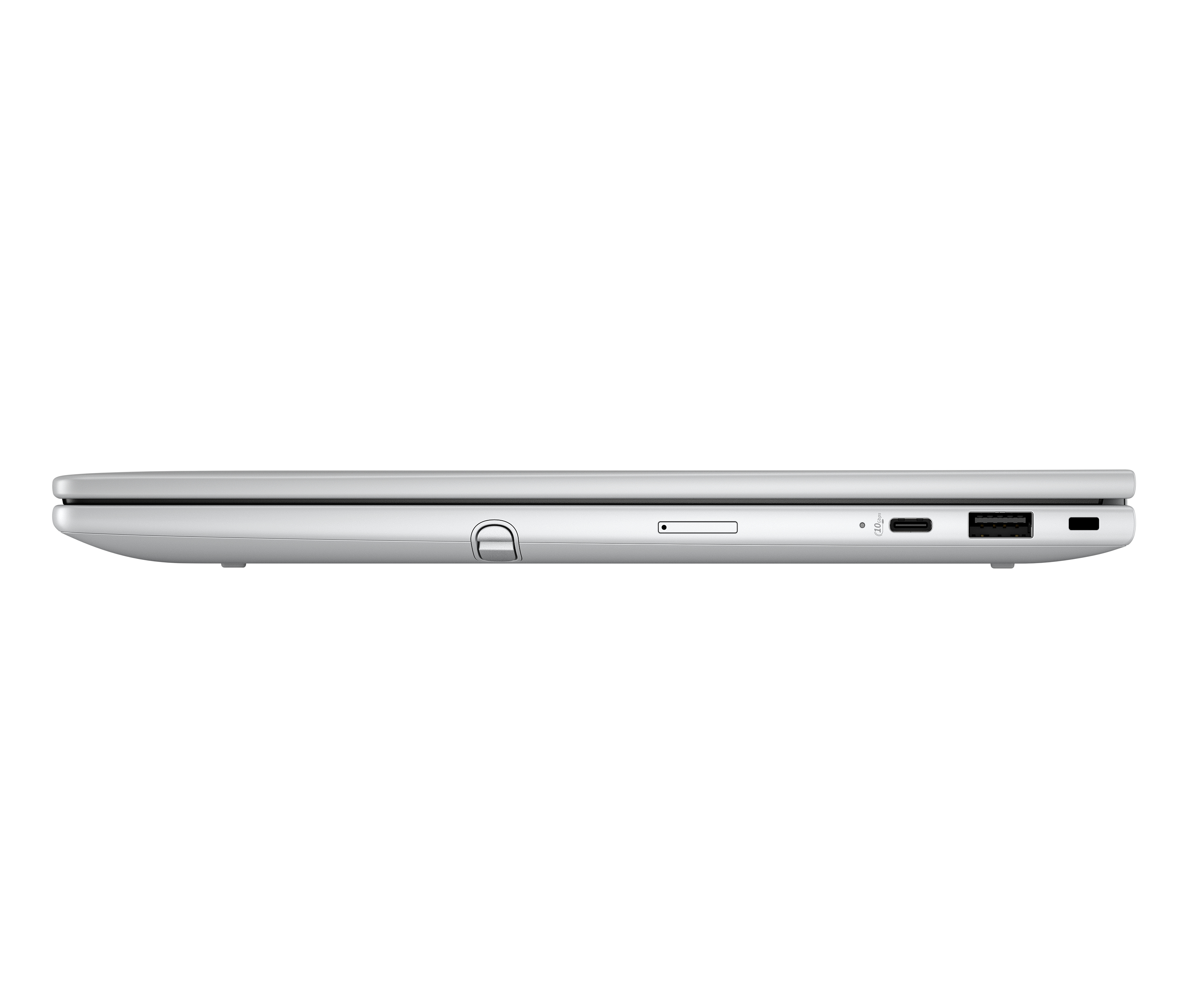 Profilo argento laptop con porte: lettore schede SD, USB-C, USB-A.